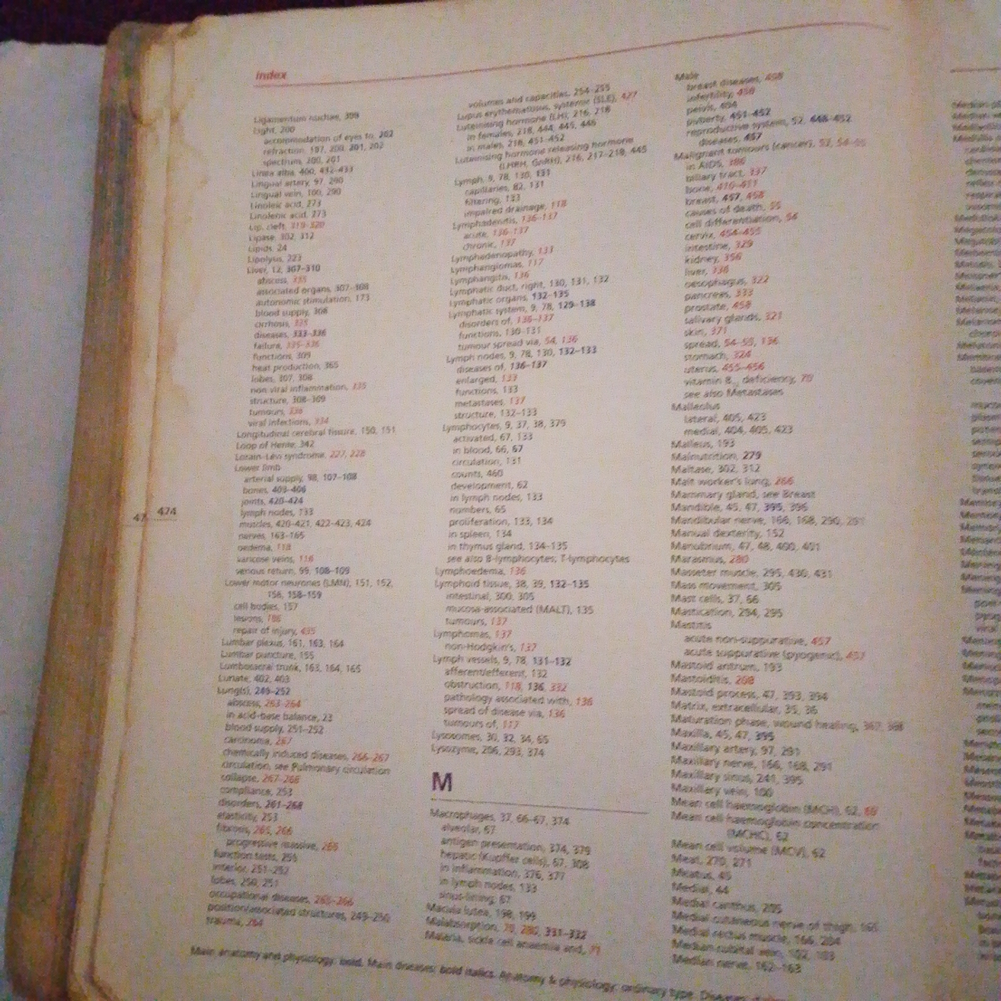 This is a close-up, eye-level shot of an open book, likely an index or reference guide, with printed text. The paper is aged and slightly yellowed. The text is in columns, predominantly in black ink. Some entries are in bold italics. A page number, '474', is visible on the left side of the image. The book appears to be part of a larger, older publication, possibly a medical or scientific text, given the nature of the entries such as "Ligamentum", "Lupus erythematosus", "Lymph nodes", and "Macrophages". The background is blurred and out of focus, suggesting the book is lying on a surface or held. There is no information within the image that would allow for a description of Jalingo, Nigeria, or any forensic details related to that location.