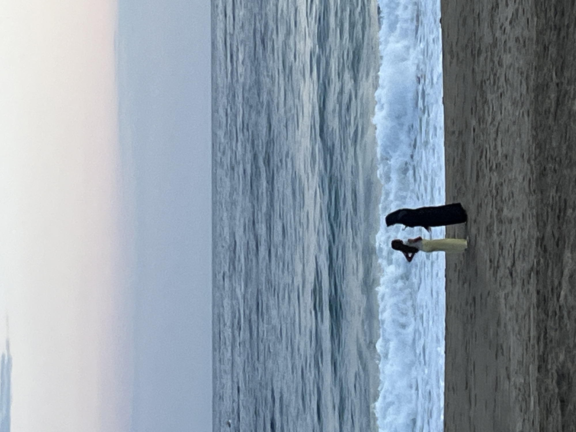 An image shows a beach scene in Alanya, Turkey, featuring a narrow strip of sandy beach on the right, the turquoise waters of the Mediterranean Sea, and a pale sky on the left. A person is lying on the beach, with another person standing nearby. A dark object lies on the sand near the pair.