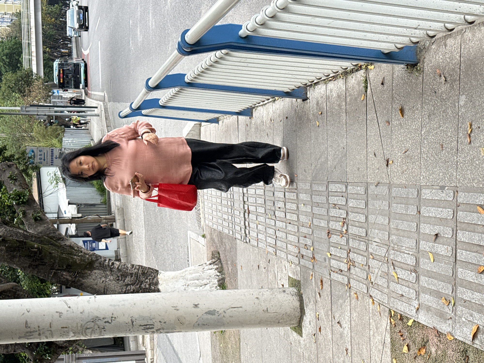 A woman stands on a sidewalk in 龙溪街道, China, holding a red bag. She is wearing a light pink shirt and dark pants. A bus and cars are on the road beside the sidewalk. A blue and white railing runs along the sidewalk's edge. A tree is to the left of the woman. Other people are visible in the background. The sidewalk is made of grey rectangular pavers. Fallen leaves are scattered on the sidewalk and the ground next to it.