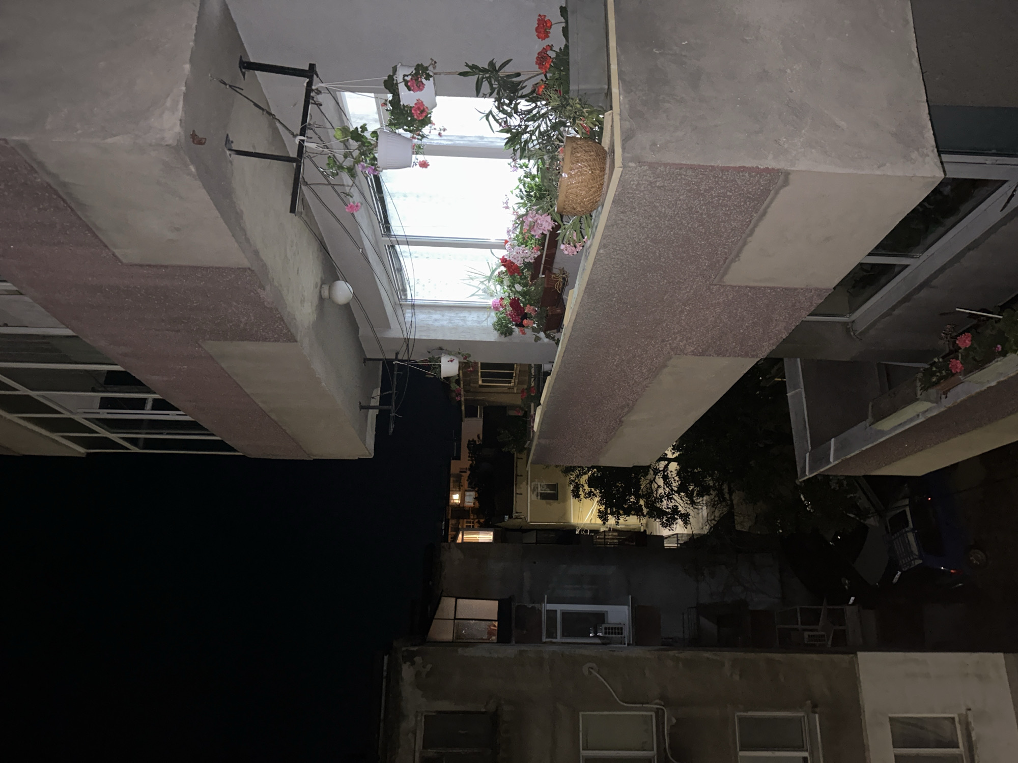 The image, taken at night in an urban environment, shows a view from a balcony overlooking adjacent buildings and a courtyard. The balcony itself is decorated with numerous potted plants, primarily flowering geraniums in various shades of red, pink, and white. Several of these pots are suspended from a metal rack attached to the underside of the balcony above. Below the balcony, in the courtyard, a dark blue car with a roof rack is parked, its taillights illuminated. The surrounding buildings are multi-story residential structures, some with visible windows, one of which shows an interior light. The sky above is dark, indicating nighttime. The scene captures a residential urban setting with a focus on the details of the balcony's flora and the surrounding architecture.