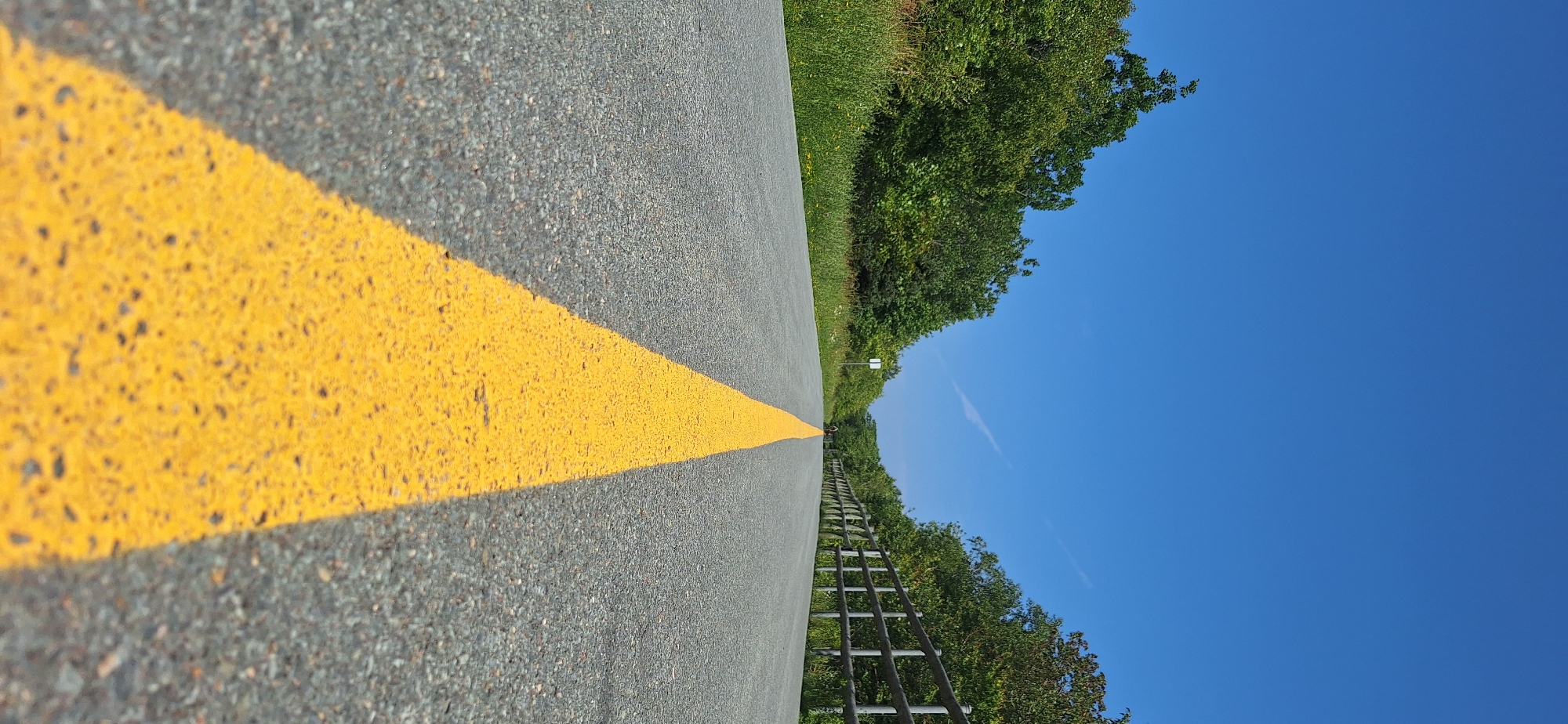 A low-angle, eye-level shot captures a paved pathway in Beechville, Canada, bisected by a prominent yellow line. The path stretches forward, vanishing into the distance under a vast, clear blue sky. Lush green trees line both sides of the path, with tall grass and smaller wildflowers growing on the left. A wooden fence, constructed of horizontal planks, runs along the right side. In the far distance, a lone bicyclist is visible on the path, heading away from the camera. The sun is bright, casting no discernible shadows from this perspective. The overall impression is one of a serene and pleasant day in a natural setting.