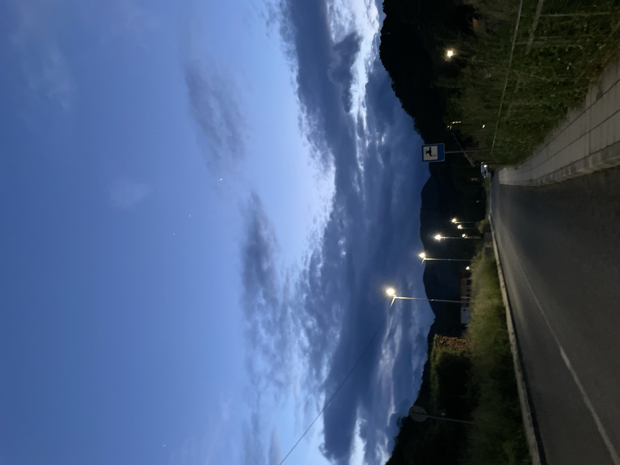 The image depicts a roadway at dusk or night in Zlatograd, Bulgaria. The road curves into the distance, lined with streetlights and adjacent to a grassy verge. The sky is predominantly blue with elongated, dark clouds stretching across the upper portion. A mountainside runs parallel to the road, with houses sporadically visible. A sign with a figure, possibly a bear, is also visible along the roadway. The lighting is a mix of ambient twilight and artificial light from the streetlamps.