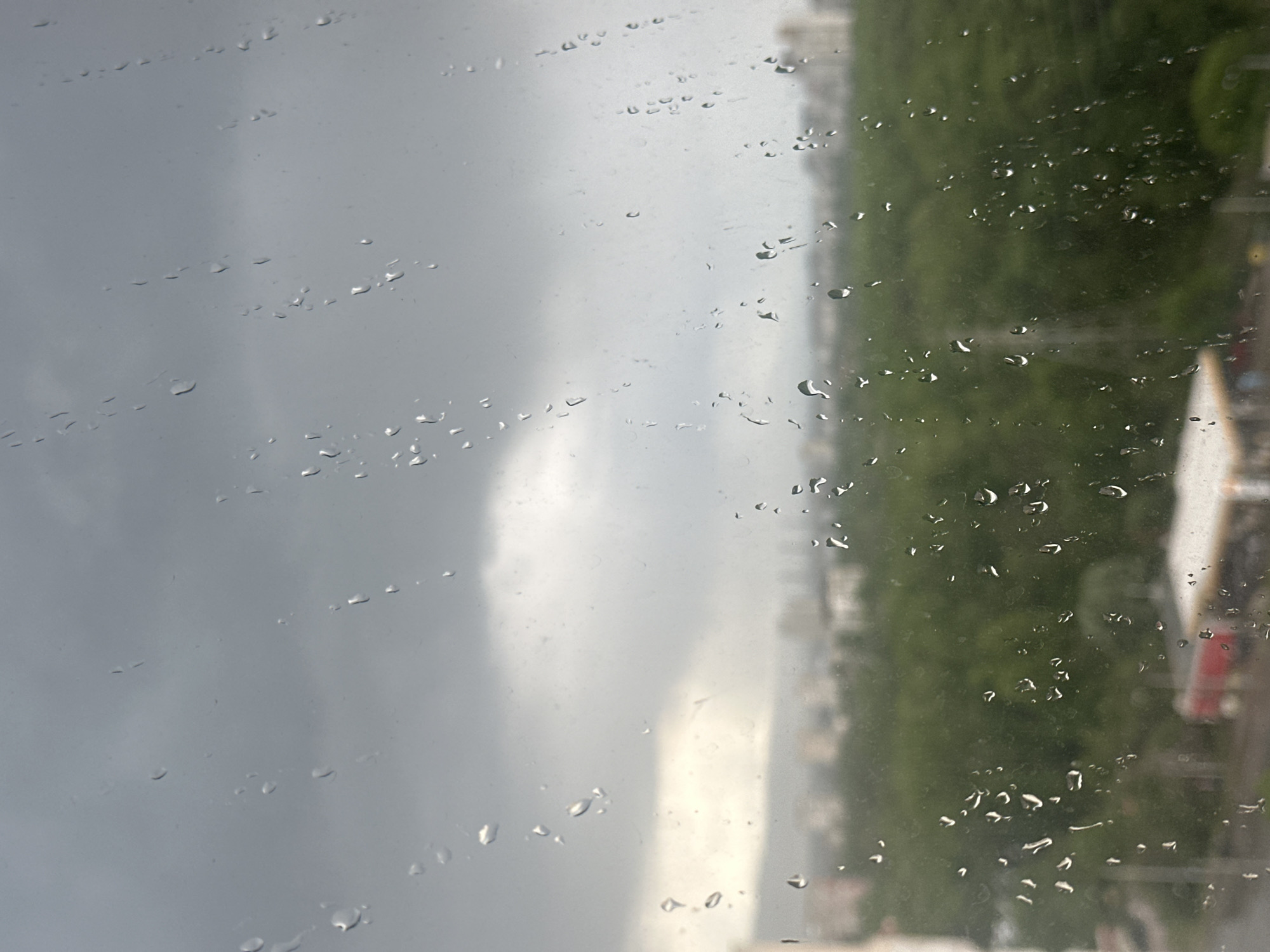 A rainy view from a window shows blurred foliage and buildings, indicating an urban environment. Raindrops are visible on the glass. The location is likely Sofia, Bulgaria, given the prompt. The obscured scenery suggests an overcast day.
