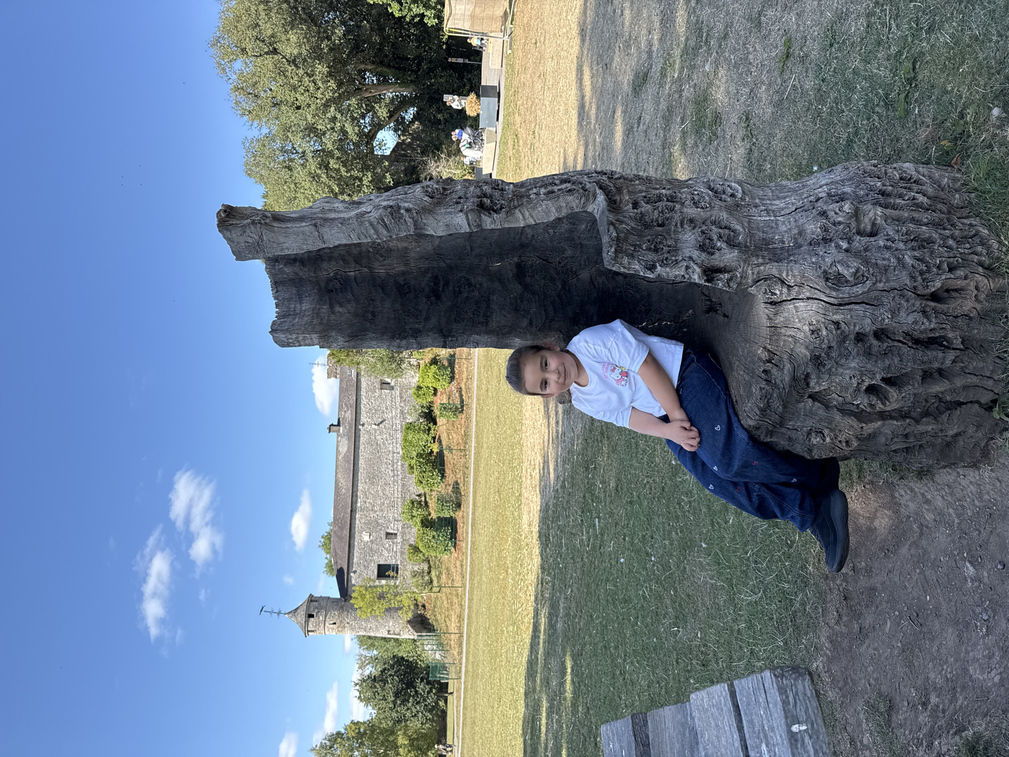 A young girl sits on a carved wooden seat outside Cahir Castle in Cahir, Ireland. She is wearing a white t-shirt with a cartoon design and blue jeans, with her legs crossed. The wooden seat is a large, hollowed-out tree trunk with intricate carvings. In the background, Cahir Castle, a large stone structure with a tower, is visible. The grounds are covered in green grass and trees, and the sky is blue with scattered clouds. There are other people in the background, some walking and others near a stroller, suggesting the area is a public park or tourist attraction.
