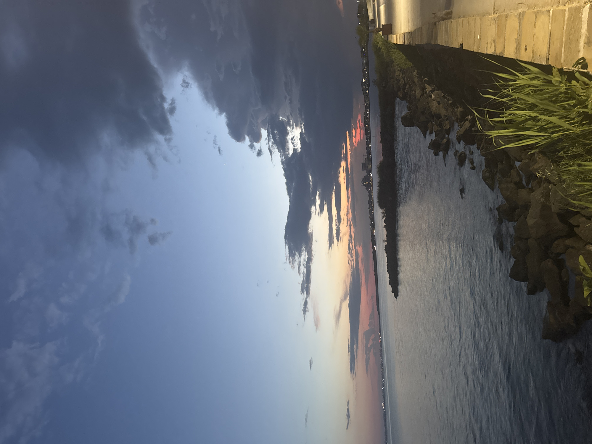 This is an outdoor, eye-level, medium shot of a seascape at dusk along the promenade in Pomorie, Bulgaria. The sky is a gradient of deep blue to light blue, with dark, dramatic clouds dominating the upper right portion of the frame. A sliver of pink and orange is visible on the horizon, indicating the setting sun. The sea is calm with gentle ripples. The shoreline is lined with dark rocks, and to the right, a paved walkway with a light-colored railing is visible. There are a few green plants growing along the edge of the walkway. In the distance, the lights of a city are visible across the water. There are no people or animals clearly identifiable in the image.