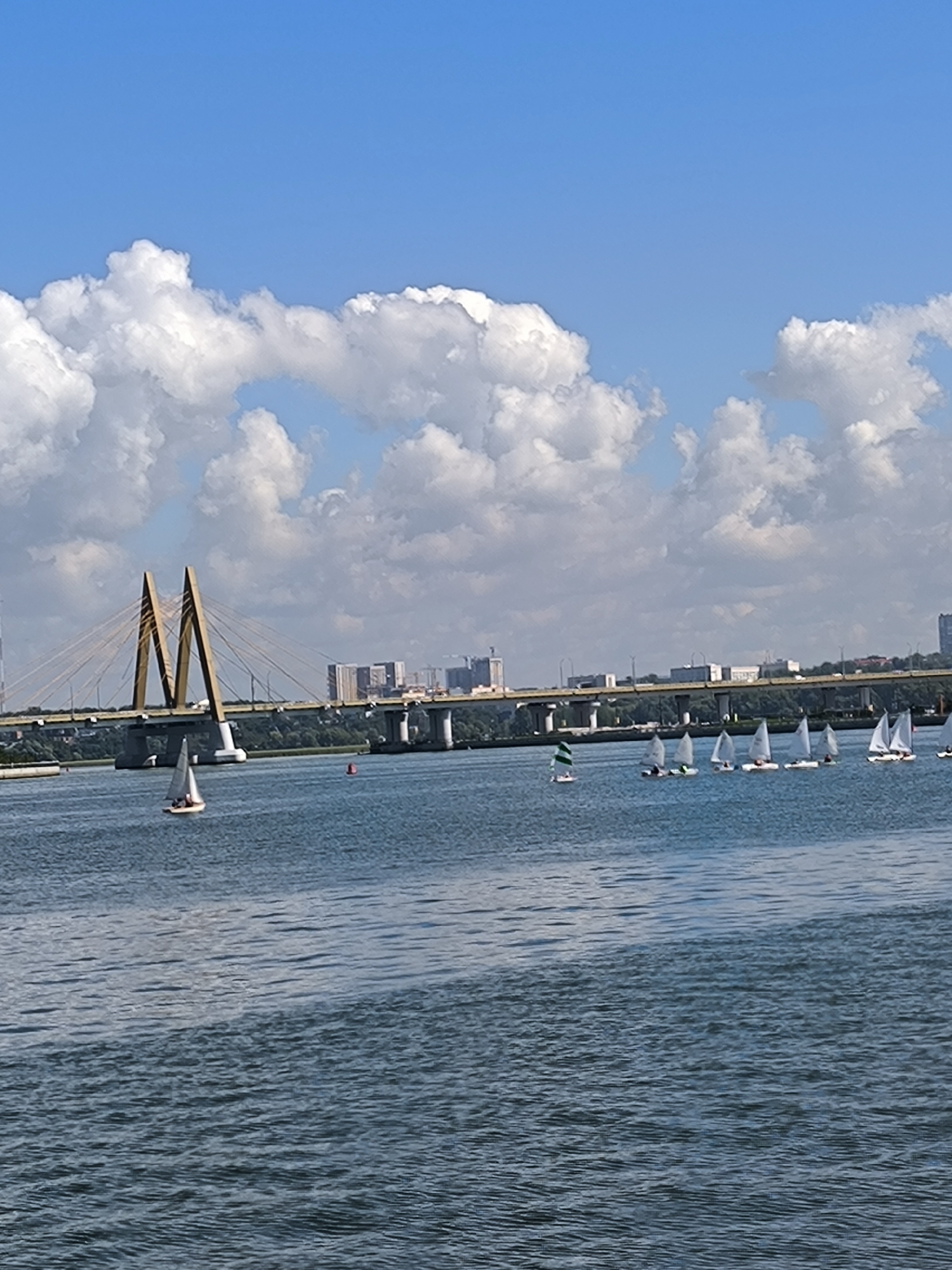 The image depicts a wide river with numerous small sailboats on its surface. A large cable-stayed bridge, identifiable by its distinctive M-shaped pylons, spans across the river in the background. Beyond the bridge, a city skyline with several buildings is visible. The sky is blue with scattered white clouds. The scene is likely located in Kazan, Russia, given the prominent landmark bridge, the Millennium Bridge, which is a well-known feature of the city. The sailboats suggest an outdoor recreational activity, possibly a regatta or sailing lesson, taking place on the Kazanka River or Kuybyshev Reservoir. The water appears calm with gentle ripples.
