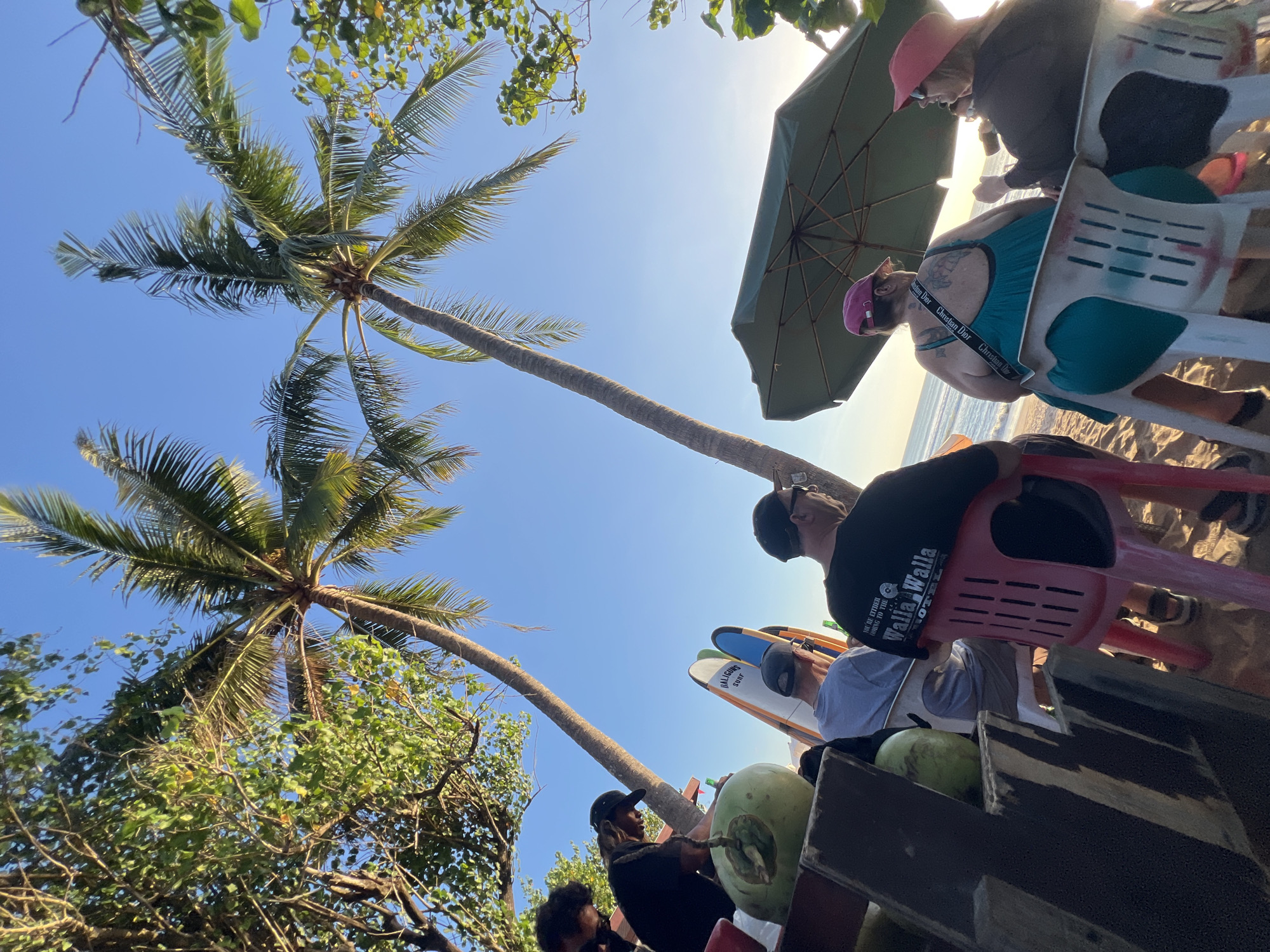 The image depicts a group of people sitting on a beach in Kuta, Indonesia, likely at a beachside cafe or bar. Two tall palm trees frame the scene against a clear blue sky. In the foreground, a wooden counter displays two whole coconuts and some other items, with a person in a black shirt and cap working behind it. Several individuals are seated on plastic chairs facing away from the camera, some under a large green umbrella. Surfboards are visible leaning against a structure behind the seated individuals. The sand is light brown, and the ocean is visible in the background. The overall atmosphere appears relaxed and casual, typical of a beach setting.