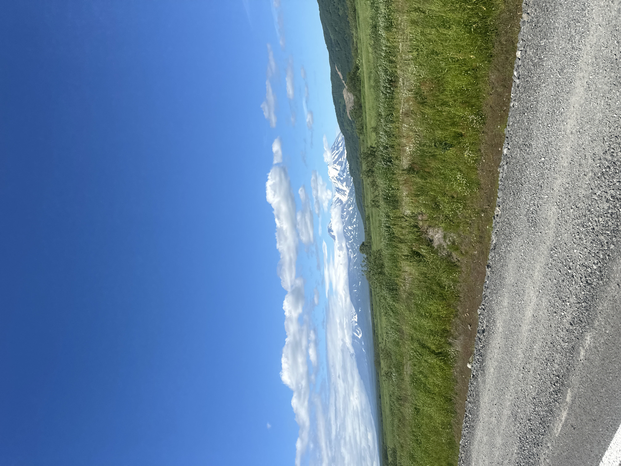 This is a wide, outdoor, eye-level, vertical shot of a landscape in Kamchatka, Russia, likely near Petropavlovsk-Kamchatsky. In the foreground, a gravel road with a white line on the left edge runs diagonally from the bottom left to the middle right of the frame. Beyond the road, a field of tall, green grass stretches across the middle ground, dotted with some lighter-colored wildflowers. Further back, rolling, tree-covered hills form the mid-background on the right. In the distance, a majestic mountain range, partially covered in snow, rises against a bright blue sky. Fluffy white clouds are scattered across the sky, some casting shadows on the mountains. The overall impression is one of natural beauty and open space under a clear, sunny sky.