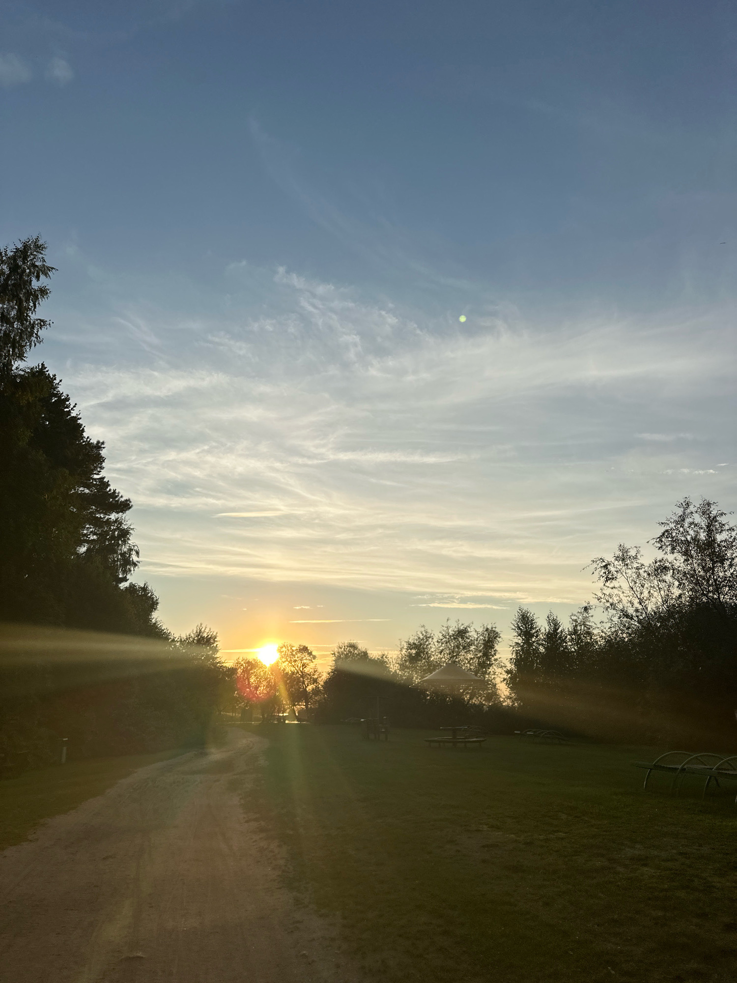 The image depicts a rural landscape at sunrise, likely in the vicinity of Ждановіцкі сельскі Савет, Belarus. A dirt path curves through a grassy area on the right, leading towards a line of trees and vegetation. The sun, a bright orange orb, is low on the horizon, casting long shadows and creating visible light rays. Wispy clouds streak across a pale blue sky. The overall impression is one of tranquility and the start of a new day in a natural setting.