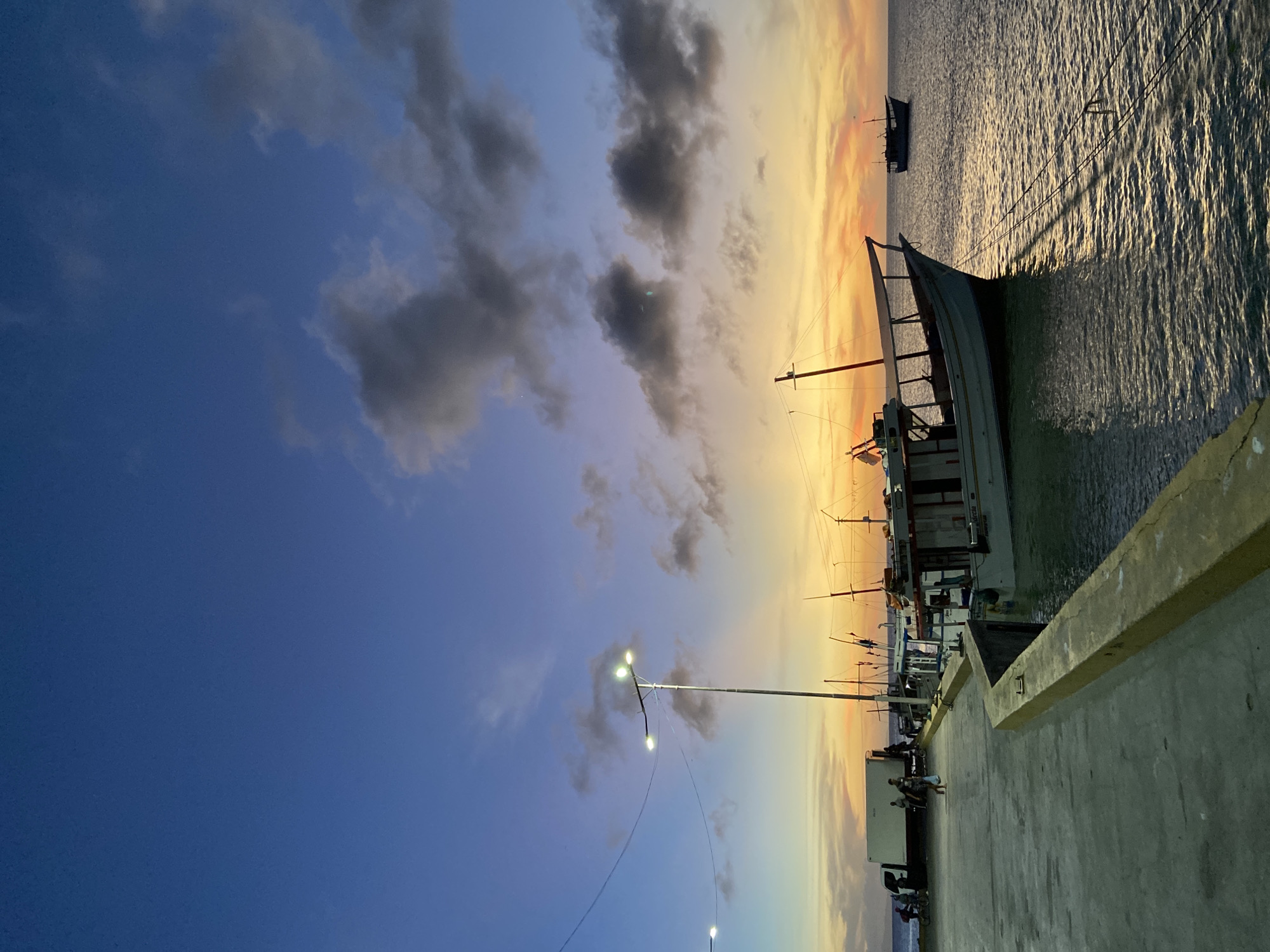 This serene landscape image, oriented vertically, captures a tranquil twilight scene at a coastal pier, characteristic of a harbor like Juan Griego, Venezuela. The sky, dominating the upper left portion (when viewed in standard landscape orientation), showcases a dramatic gradient from deep blue at the top to vibrant orange and yellow hues near the horizon on the right. Scattered dark grey clouds are visible across the upper and middle sections of the sky.
The calm harbor water, stretching across the lower right, beautifully mirrors the warm tones of the sky, creating shimmering golden and orange reflections. Several boats are present; a prominent, light-colored boat with a distinct hull and rigging is docked closest to the viewer. Further out in the water, a smaller, darker boat is silhouetted against the colorful horizon. Numerous masts and partial structures of other vessels can be seen along the waterfront, indicating a working port.
A concrete pier or dock runs along the bottom left of the image. Several tall streetlights with brightly illuminated fixtures punctuate the scene, casting their glow onto the pier and water. Wires are visible extending between some of these poles. A few indistinct figures of people are scattered on the pier, some gathered near a white, box-style truck parked close to the docked boats. The overall scene evokes a peaceful atmosphere of a bustling harbor settling down for the night or awakening at dawn, bathed in the soft, transitional light. No discernible text is visible in the image.