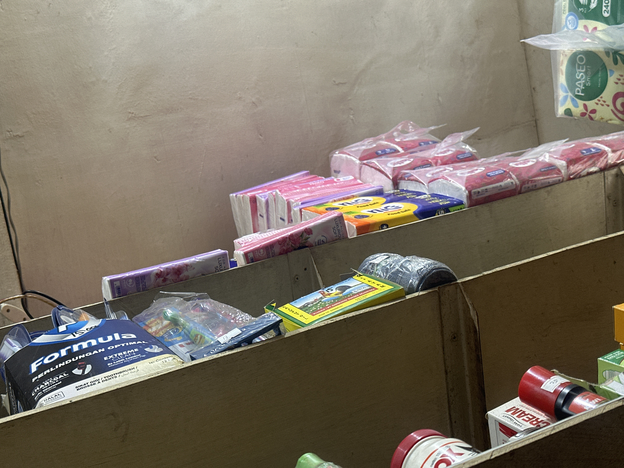 The image shows a close-up, low-angle view of shelves in what appears to be a small convenience store or a pharmacy. The shelves are stocked with various personal care products and toiletries. On the left side, there are white and red containers, possibly of cream or ointment, and a box labeled "CREAM." Further up on the left, a blue and black box for "Formula" toothpaste is visible, along with some plastic-wrapped items.
The shelves themselves appear to be made of wood, with some wear and tear. Above the shelves, the wall is a light beige color and shows some subtle textured patterns and discoloration. A black wire is visible near the top of the image, running along the wall.
In the middle and right sections of the image, several packages of facial tissues are stacked vertically. These include brands like "Nice" and "Paseo Smart." Some of the tissue packs have floral designs. The overall impression is of a retail environment with goods displayed for sale. The image is taken from a perspective that emphasizes the verticality of the shelves and the products.
