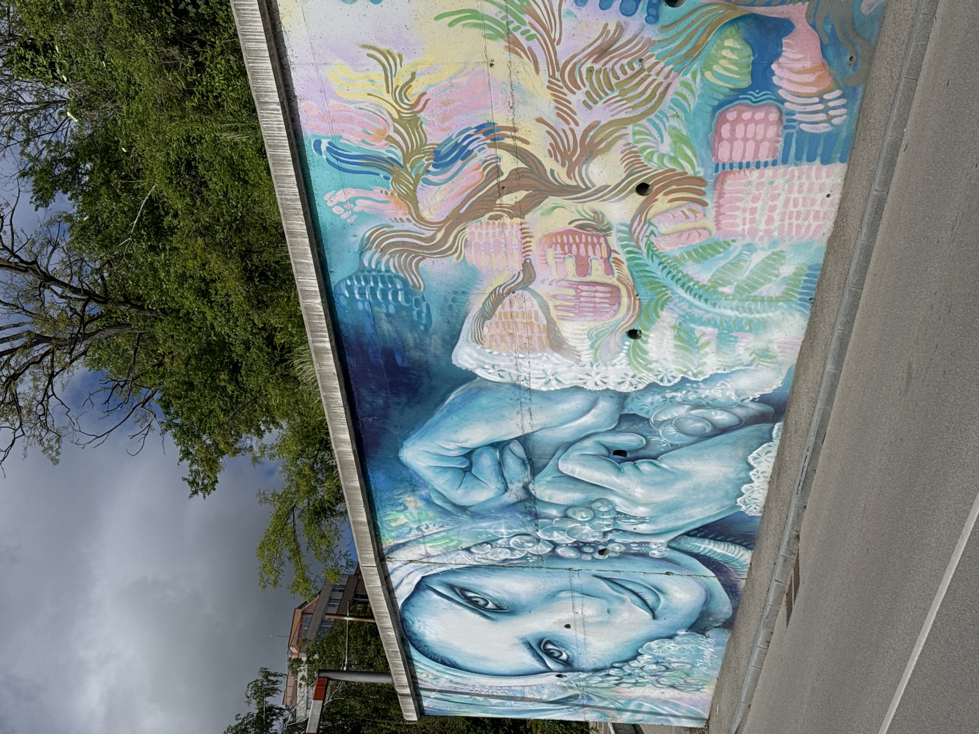 A mural is painted on a concrete wall next to a street. The painting depicts a woman’s face at the bottom, with her hands clasped above it. Above the hands, there is a colorful abstract tree design, with pink, blue, green, and brown hues. The woman’s face and hands are primarily in shades of blue. A gray concrete curb runs along the right side of the mural. Trees and a cloudy sky can be seen in the background. The mural is located in Gabrovo, Bulgaria.