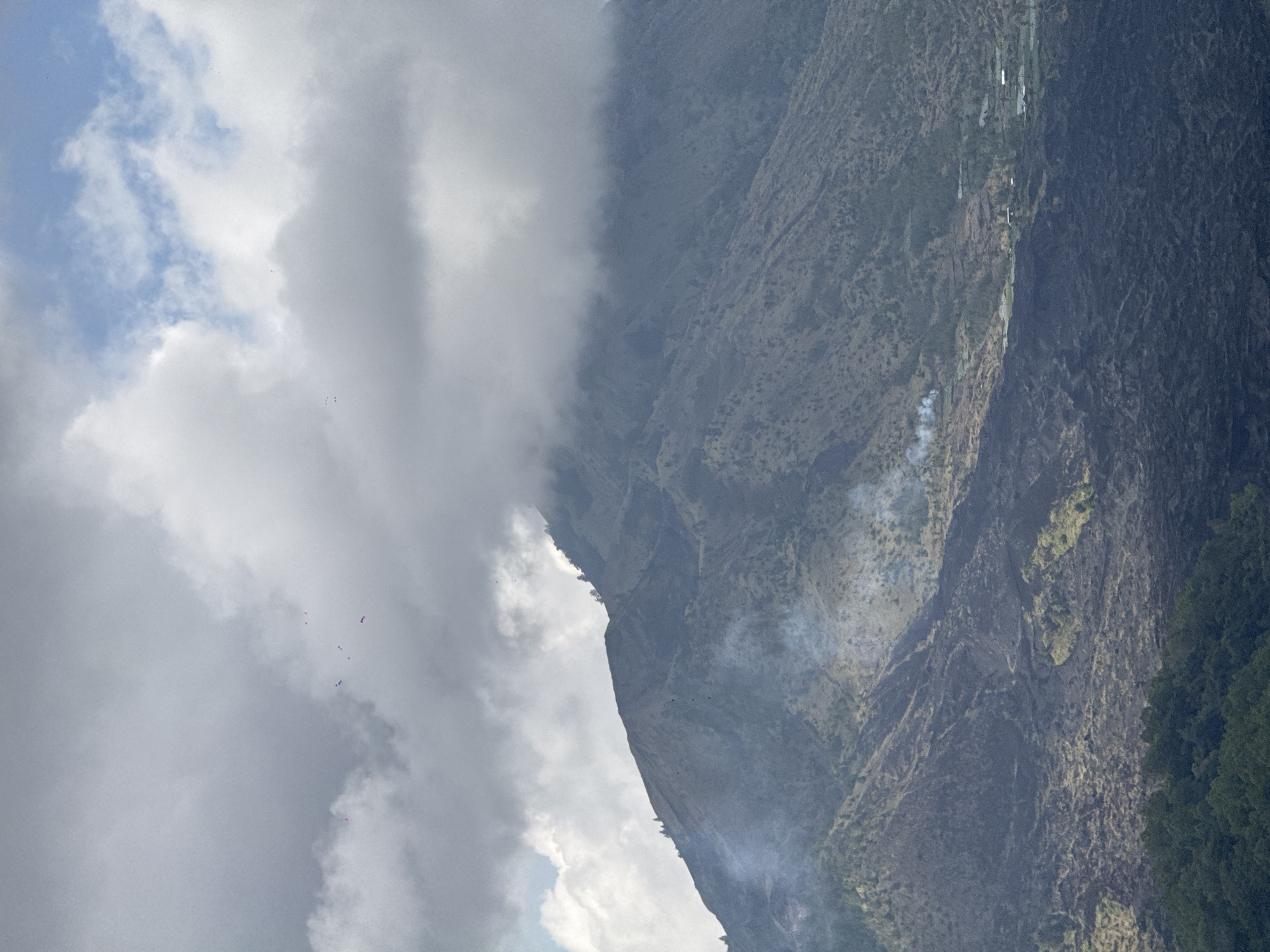 The image depicts a volcanic landscape in Kintamani, Indonesia, under a partly cloudy sky. A large, rugged mountain dominates the scene, its slopes covered in sparse vegetation and dark volcanic rock. Wisps of smoke rise from several points on the mountainside, suggesting ongoing geothermal activity or small fires. In the foreground, a dense forest of green trees lines the bottom edge of the frame. The sky is a mix of light gray and white clouds, with patches of blue visible. A few small, distant objects that might be kites or birds are visible in the sky. The overall impression is one of a natural, somewhat stark, and active geological environment.