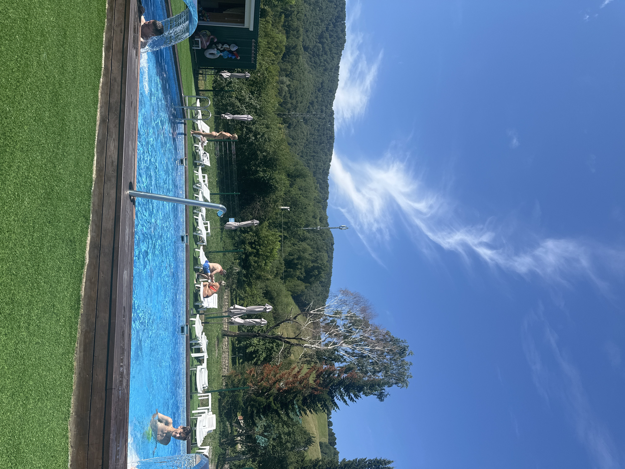 The image depicts an outdoor swimming pool area, likely a resort or recreational facility. The pool is filled with clear blue water and surrounded by a wooden deck and artificial turf. Several people are visible: a young man is partially submerged in the pool on the right, while another individual is partially visible under a waterfall feature on the left. In the background, there are lounge chairs, umbrellas, and a building with a green facade. Beyond the pool area, a lush, tree-covered mountain range stretches across the horizon under a bright blue sky with wispy clouds. The scene suggests a warm, sunny day. Without further information, the specific location in Даниловка (Алтайский), Russia cannot be confirmed, but the mountainous terrain and vegetation are consistent with such a region.