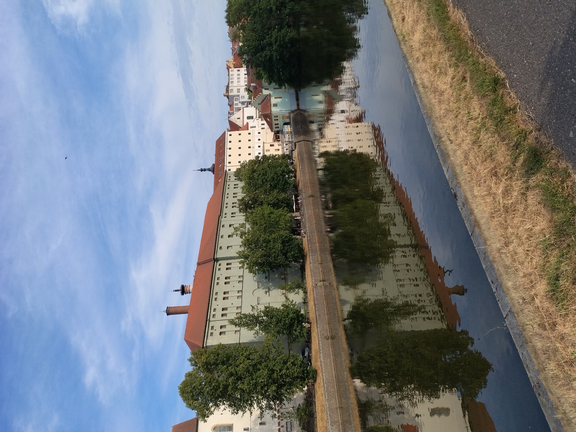 The image shows a view of the Otava River in Písek, Czechia. On the left bank of the river is a large, pale green building with a red roof, featuring numerous small windows. Adjacent to it, and further to the right, are several other buildings with red roofs and lighter colored facades, some with visible windows and architectural details. Trees, varying in size, are situated between the buildings and the river, and also along the riverbank. The river itself occupies the lower half of the image, reflecting the buildings and trees. The right bank of the river appears to be a grassy embankment with a paved pathway. The sky above is blue with scattered white clouds, and a single bird is visible in flight. The scene is set in daylight, suggesting a clear or partly cloudy day. There are no visible people in the immediate foreground or clearly interacting with the environment, although small figures might be present on the distant riverbank. The overall impression is of a serene waterside scene in a European town.