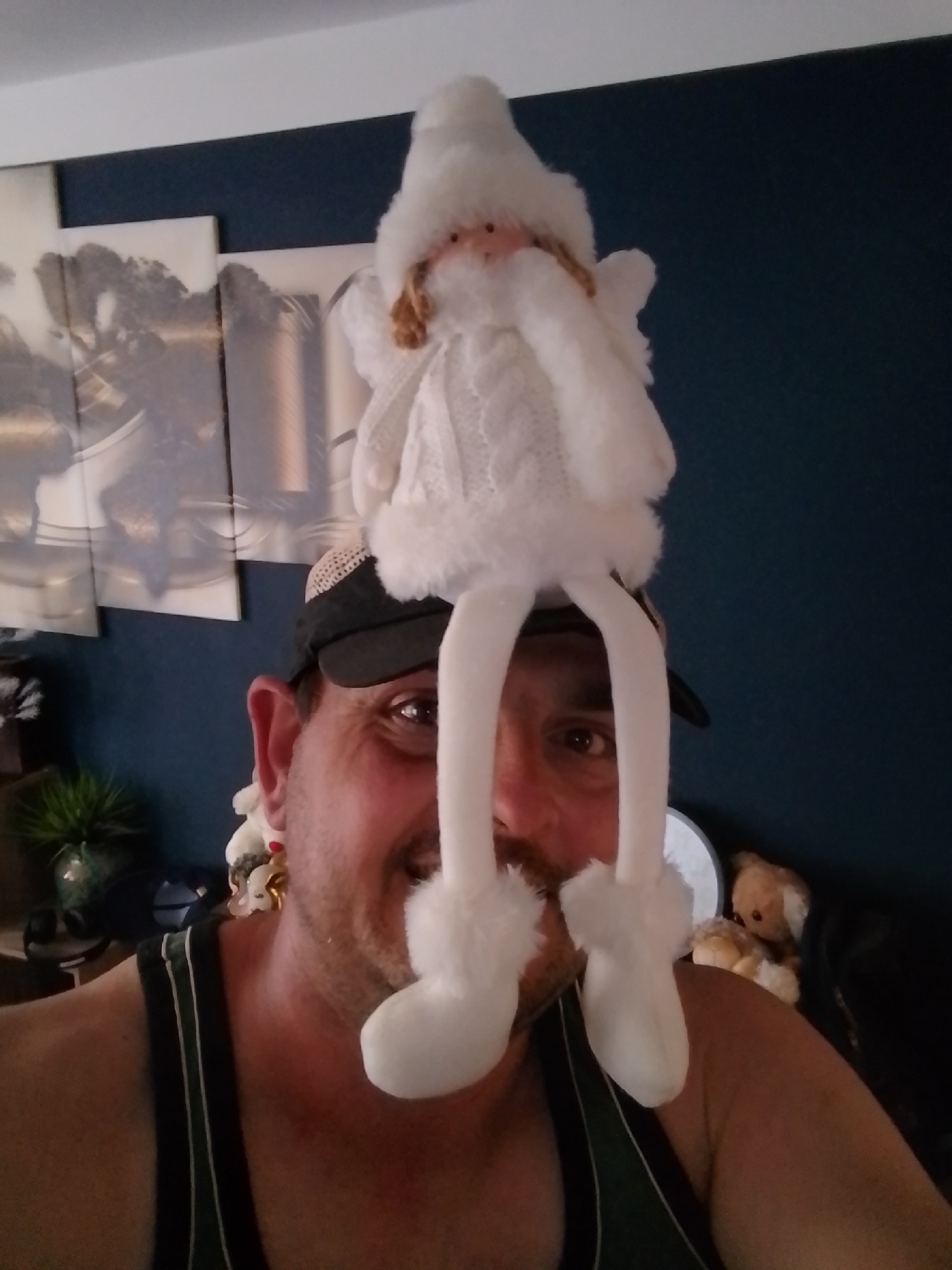 In Wedel, Germany, a person wearing a black baseball cap and a dark green tank top with white stripes is pictured from the chest up. The person has brown eyes, a mustache, and is smiling. Perched on the person's head is a plush, white doll with a hat, a white dress, and white boots. In the background, there are two framed artworks depicting abstract designs. To the left of the person, a green potted plant is visible. To the right of the person, a teddy bear is partially visible. The background wall is dark blue.