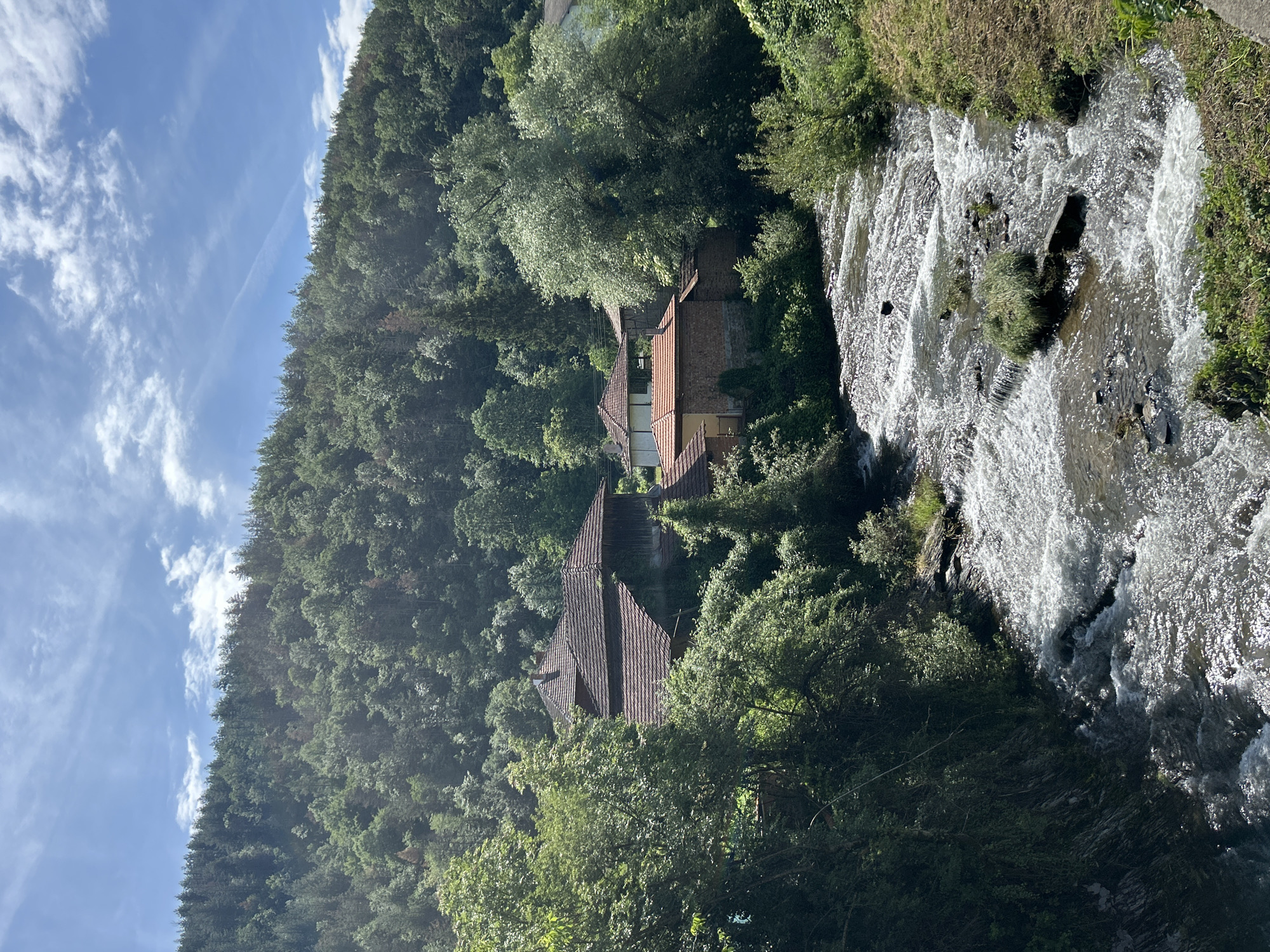 The image displays a picturesque natural landscape featuring a dense, verdant forest, a flowing river with rapids, and several houses nestled among the trees. The scene is captured during daylight hours under a clear blue sky, adorned with scattered white clouds, indicating fair weather.
The dominant subjects are the lush, green trees that blanket a steep hillside, creating a vibrant, rich texture. Interspersed within this abundant foliage are multiple houses, each characterized by reddish-brown tiled roofs and lighter-colored walls, some appearing to be brick. These structures seem integrated into the natural environment, partially hidden by the surrounding vegetation.
To the right side of the frame, a lively river or stream descends, marked by numerous white-foamed rapids and turbulent water, suggesting a strong current over a rocky bed. Bright sunlight reflects off the water's surface, enhancing its dynamic appearance.
No people or specific activities are visible, emphasizing the untouched or remote feel of the location. The overall atmosphere is one of tranquility and natural beauty, with a sense of rustic charm attributed to the traditional-looking houses amidst the wilderness. The perspective appears to be from an elevated vantage point, looking down into a valley or gorge. There is no visible text. The specific location remains unknown, but the elements suggest a mountainous or hilly, rural setting.