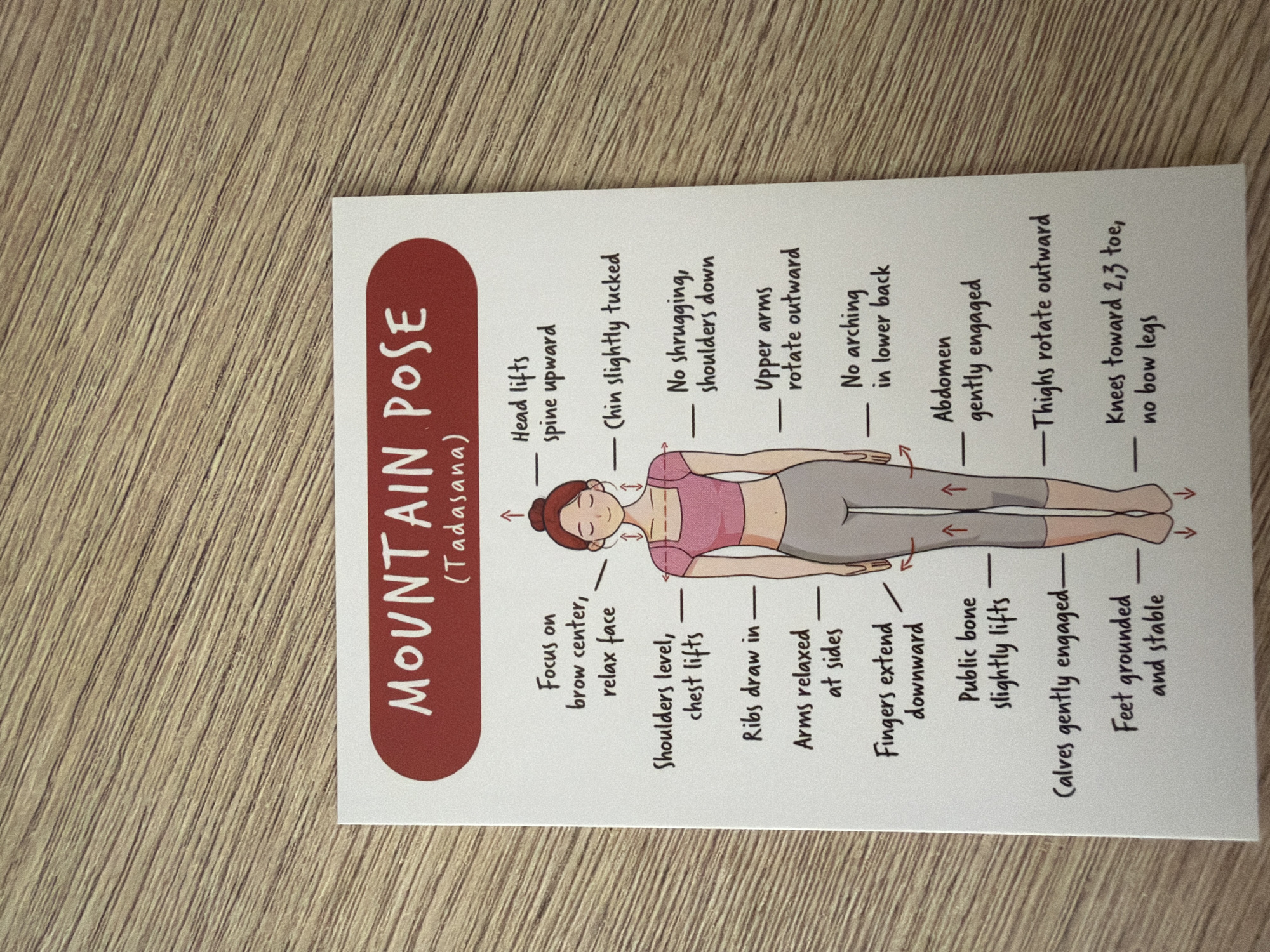 The image is a diagram illustrating the Mountain Pose (Tadasana) in yoga. It features an illustration of a woman in the pose with various annotations pointing to specific body alignments and engagement instructions. The background of the image is a wooden surface with visible grain. There is no depiction of the city of Pazardzhik, Bulgaria, nor any elements that would suggest that location. The diagram itself is printed on a white card with a red, rounded banner at the top containing the title "MOUNTAIN POSE (TADASANA)". The text on the card is in English.