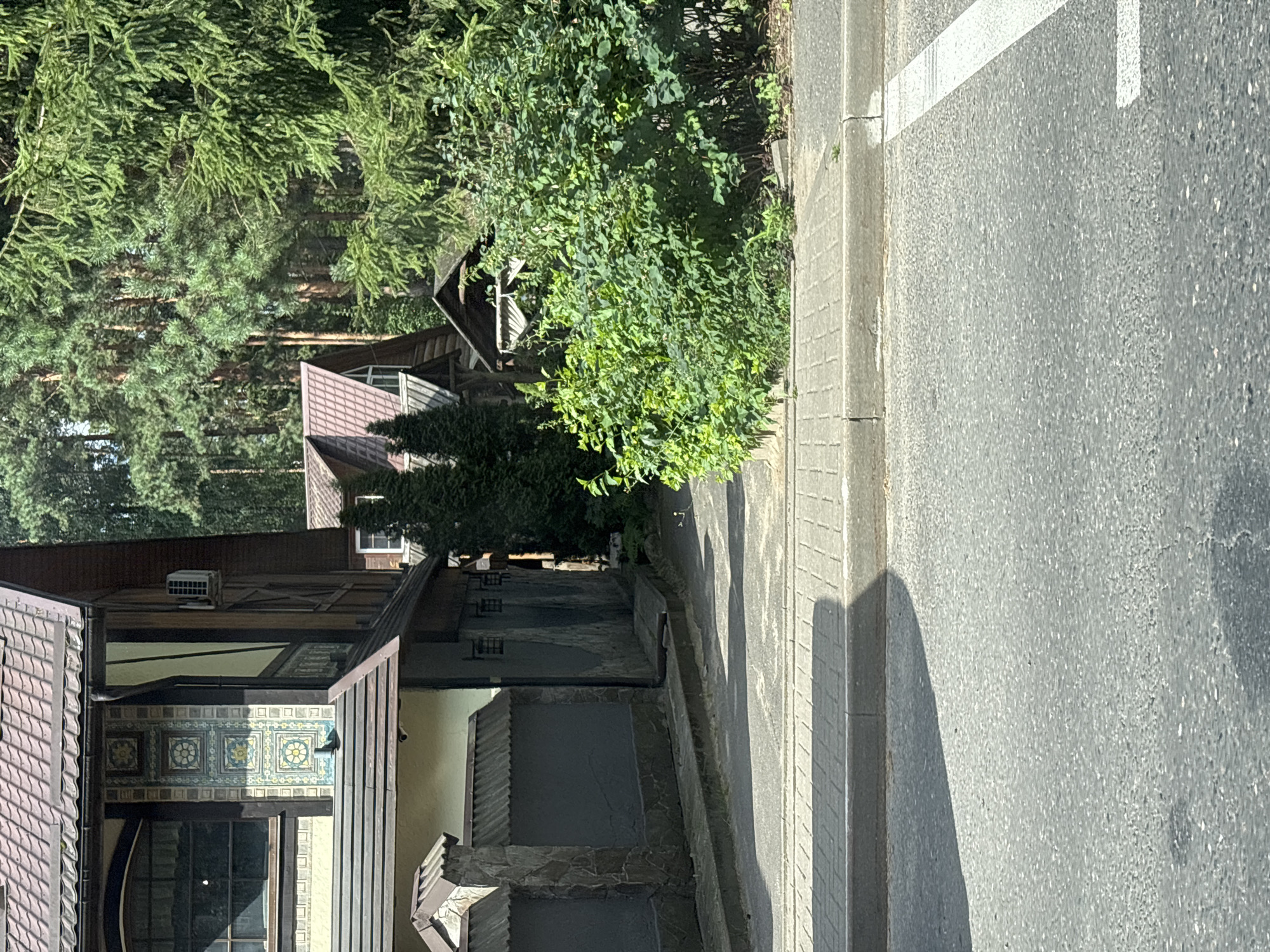 The image depicts a street scene in a wooded area, likely on the outskirts of a settlement. On the left, a multi-story building with a tiled roof and dark brown wooden siding is partially visible. The building features a large, arched window and decorative tiling on its exterior. Adjacent to the building is a stone fence with a corrugated metal roof.
The street itself is paved with asphalt, and a concrete sidewalk with a brick pattern runs alongside it. Dense green foliage, including trees and bushes, dominates the right side of the image, creating a sense of being in a natural environment. In the background, more buildings with pitched roofs and trees are visible, suggesting a residential or semi-rural setting. The overall impression is one of a quiet, somewhat secluded area with traditional architecture integrated into a natural landscape. There are no people or animals clearly visible in the frame. The lighting suggests it is daytime, with shadows cast on the sidewalk and road.