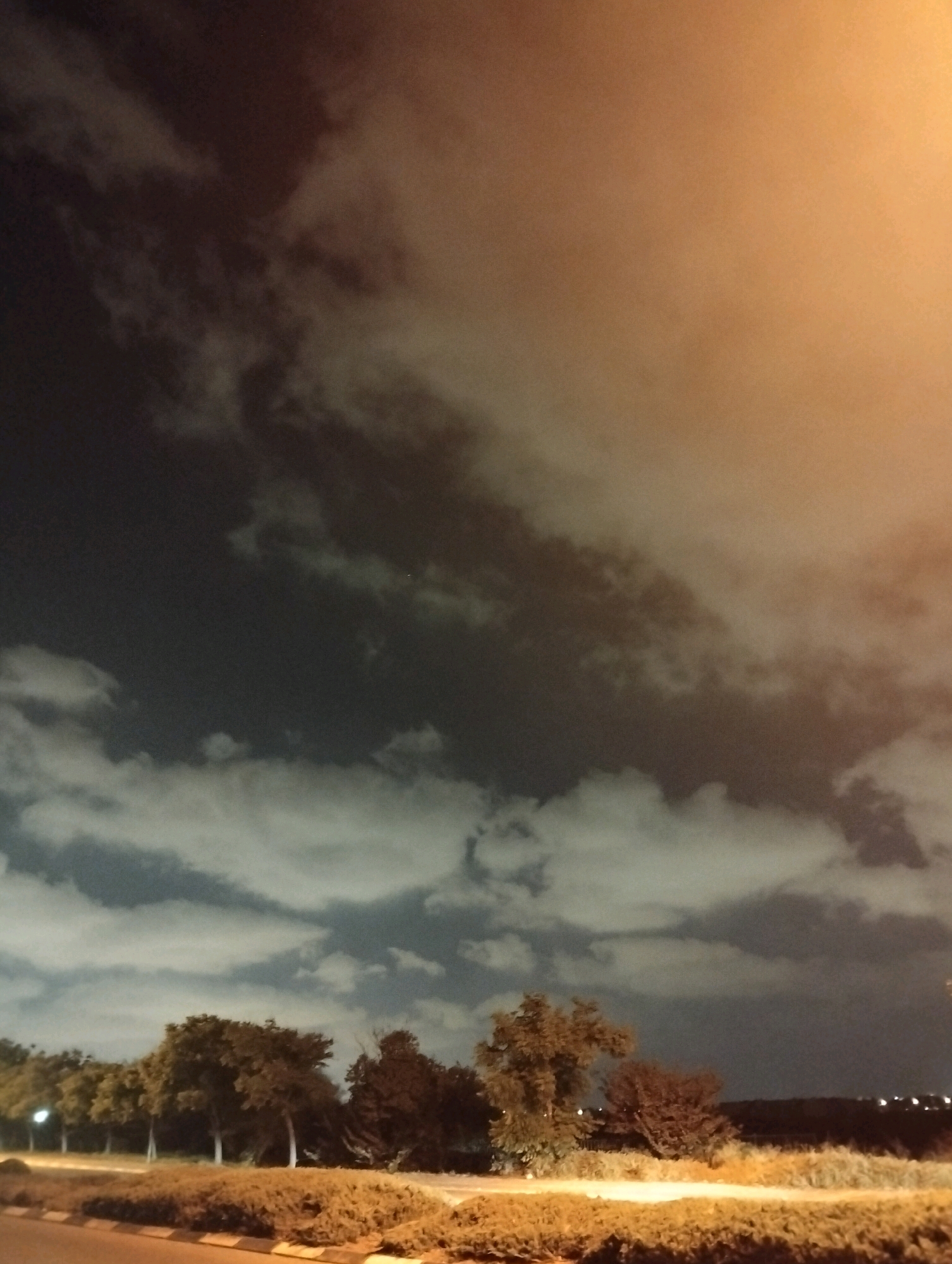 The image depicts a night scene in Kiryat Ata, Israel, characterized by dramatic, illuminated clouds against a dark sky. The clouds are a prominent feature, appearing to be lit from above by a warm, artificial light source, casting an orange glow on the upper portion of the image and reflecting off the cloud formations. Below the clouds, a line of trees is visible, silhouetted against the sky and illuminated by similar artificial lighting. The ground in the foreground is covered with low-lying vegetation and a paved surface, possibly a road or sidewalk, with visible markings. In the far distance, faint lights suggest the presence of the urban landscape. The overall impression is one of an overcast night with significant light pollution illuminating the clouds.