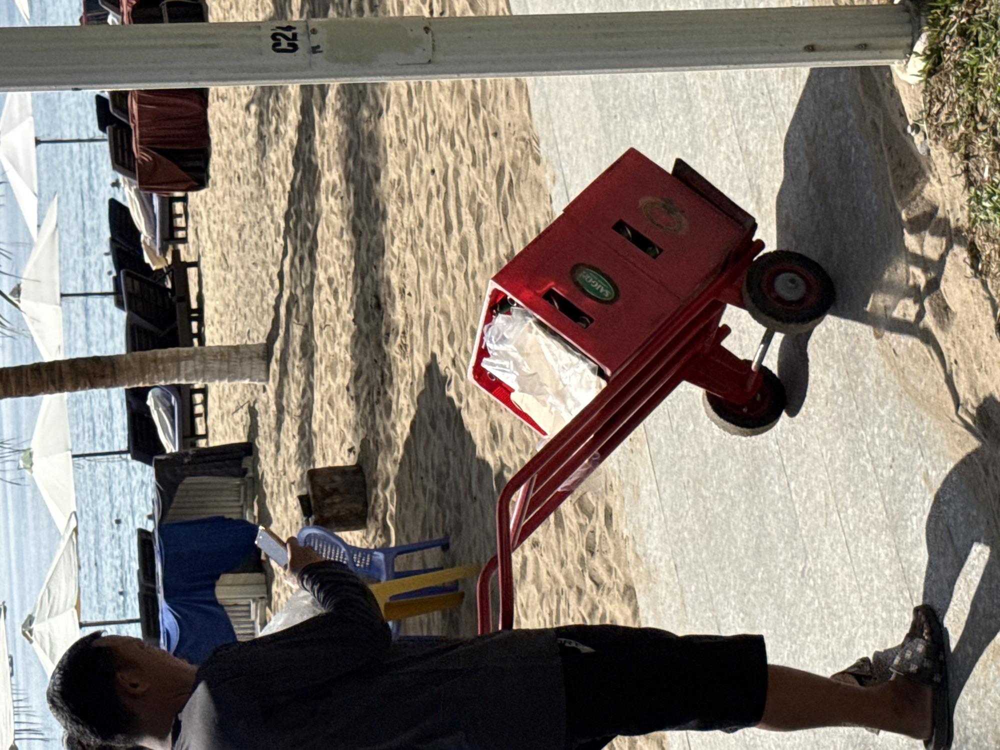 An adult male, dressed in dark clothing and sandals, stands on a paved walkway adjacent to a sandy beach in Nha Trang, Vietnam. He is holding a mobile phone in his right hand and appears to be engaged with it. To his right, he is pushing a red metal hand truck loaded with a red plastic crate. The crate contains white plastic bags and possibly bottles. The background of the image shows the ocean, several beach umbrellas, lounge chairs, and a light-colored utility pole with the marking "C24" visible. The scene is illuminated by direct sunlight, casting distinct shadows.