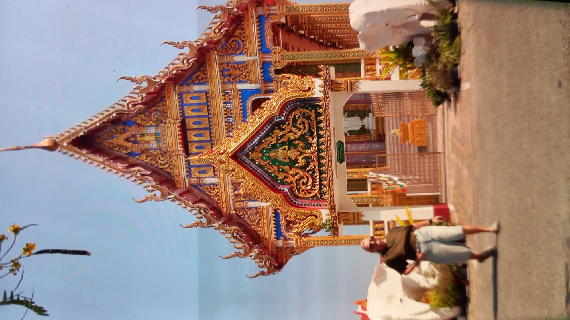 A woman wearing a dark olive t-shirt, light blue shorts, and beige shoes walks on an asphalt road towards a brightly colored, ornate temple. She has blonde hair and is wearing sunglasses. To her left, a large white elephant statue stands. To her right, the temple entrance is flanked by more decorative structures, including a golden tiered platform and what appear to be smaller elephant figures. The temple itself is a vibrant gold and blue with intricate carvings and roofing. The sky is a clear light blue, and some yellow flowers on a thin branch are visible in the upper left corner of the frame. The scene is outdoors, likely in a tropical location, given the presence of palm-like plants and the style of the temple, which is consistent with temples found in areas like Koh Phangan, Thailand.