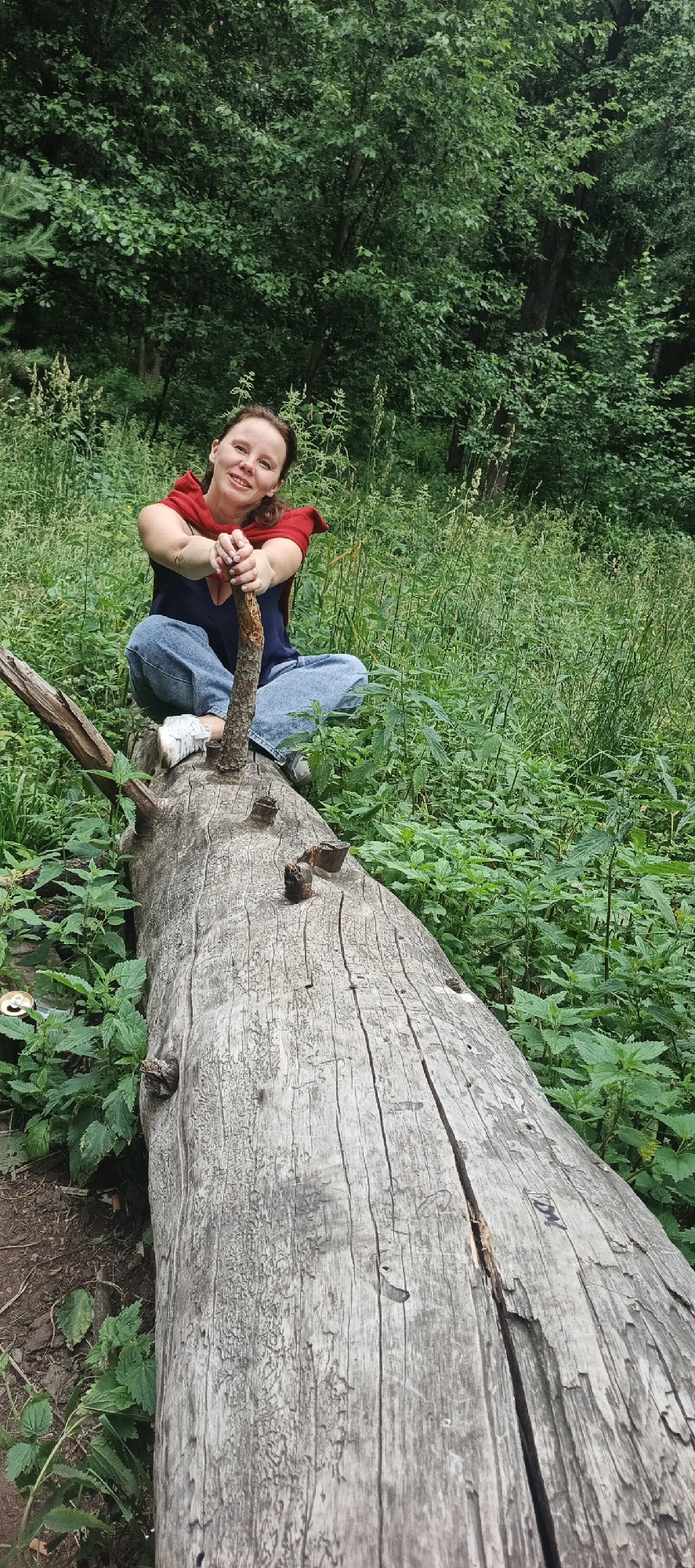 In a forest setting, a woman with brown hair, wearing a blue top, blue jeans, and white sneakers, sits cross-legged on a fallen log. A red shawl is draped over her shoulders and around her arms, and she holds a wooden stick horizontally with both hands. The log is rough and weathered, with visible grain and cracks. The ground around the log is covered in green foliage, including nettles. In the background, dense green trees form a wall of foliage, with some lighter green grass and plants in the mid-ground. The lighting suggests an overcast or shaded day. The image does not contain any recognizable landmarks or specific details that would allow for pinpointing a location within Chaikovsky, Russia.