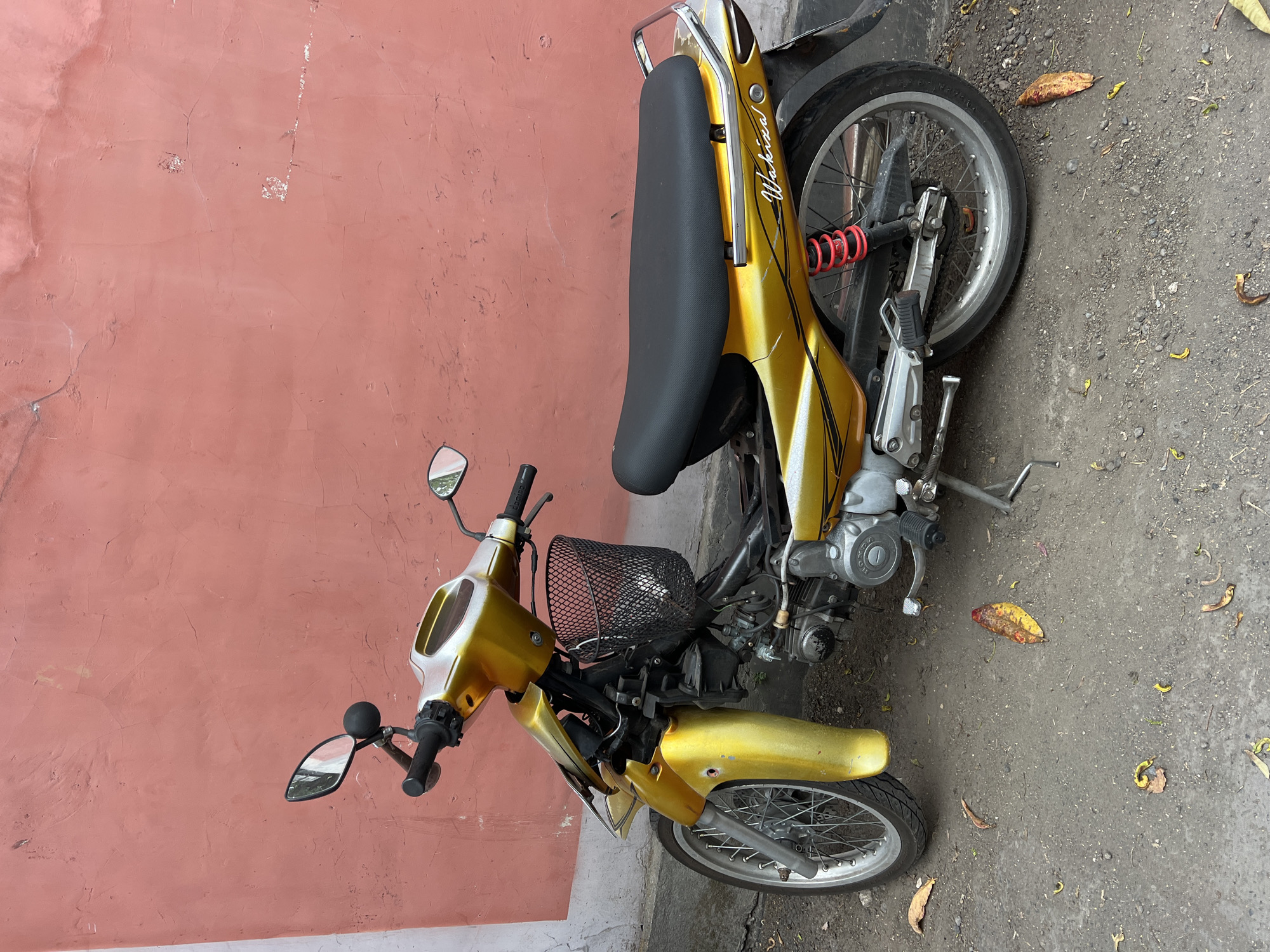 An outdoor, eye-level, full shot shows a weathered, gold-colored scooter parked against a rough, pink wall in Denpasar, Indonesia. The scooter, with a black seat and basket, exhibits signs of wear, including scratches and faded paint. Red shocks are visible on the rear suspension, and the brand name "Wakiza" is printed on the side. Fallen leaves litter the cracked pavement beneath the scooter. The wall behind it is textured and cracked, with some lighter-colored patches and evidence of repairs.