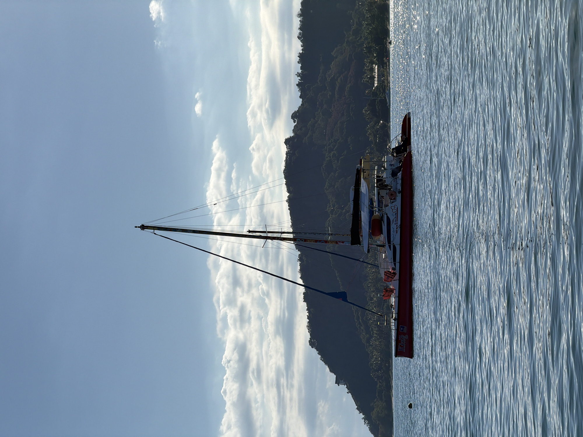 A red and white catamaran is docked on the water. The boat has masts and rigging, suggesting it is a sailboat. Life vests are visible on the side of the boat. A lush green hillside with trees rises from the water behind the boat, and the sky is a clear blue with some white, wispy clouds. The water is rippled, reflecting the sunlight. The time of day appears to be late afternoon or early evening due to the angle of the sun and the shimmering light on the water. The overall atmosphere is peaceful and serene, suggesting a calm day at sea. The text "King" is visible on the side of the boat.