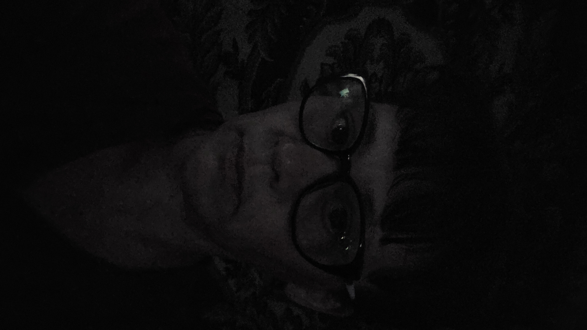 The image shows a close-up, dimly lit selfie of a person wearing dark-rimmed glasses. The person's face is visible from the nose up, with their mouth slightly open. The background is dark and appears to have a textured pattern. There is a reflection in the glasses, suggesting artificial light. The location is identified as Vozsiiatske, Ukraine.