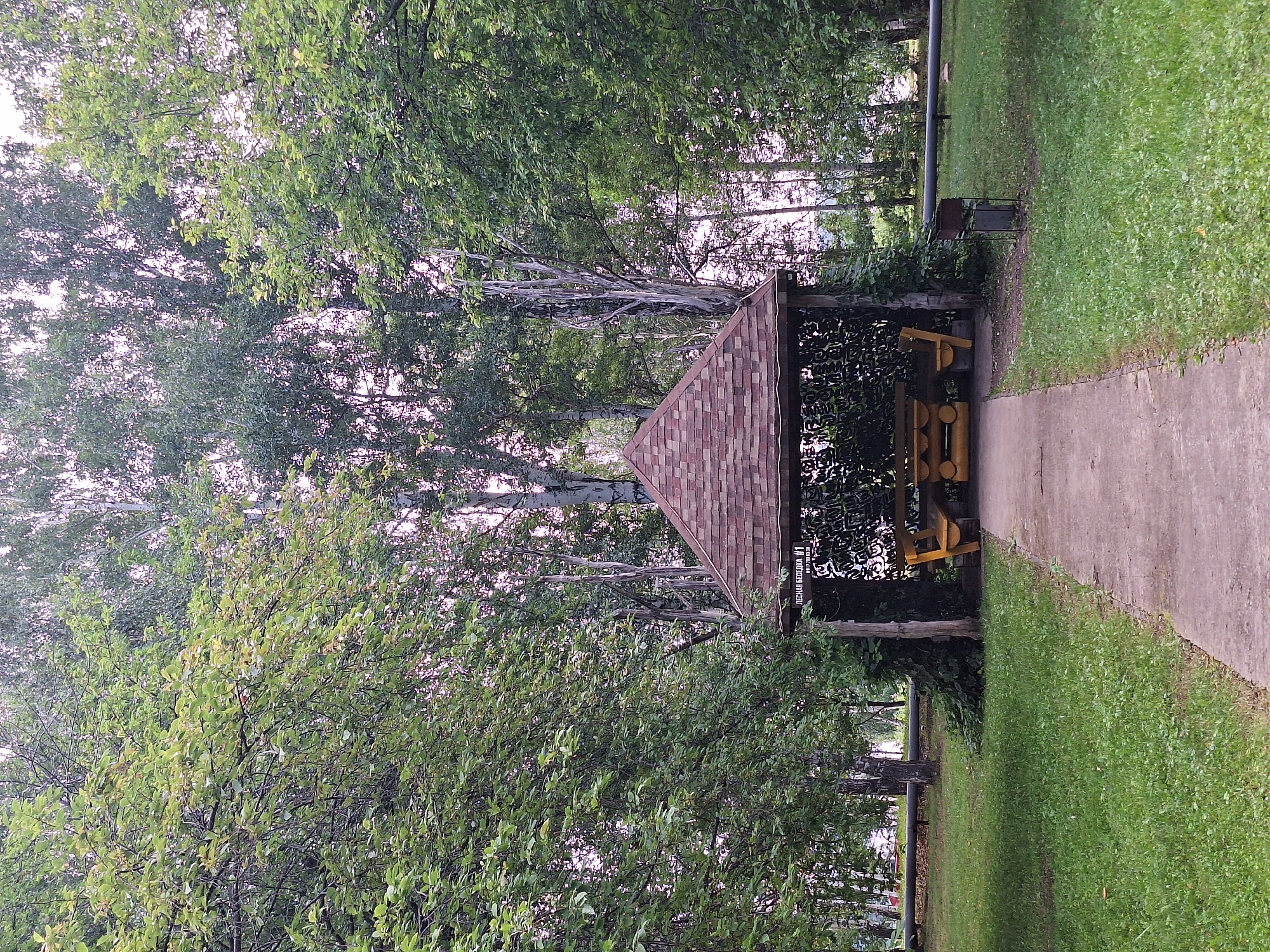 An outdoor gazebo with a brown shingled roof is centrally located in a grassy park. The gazebo, constructed from wood and partially overgrown with greenery, contains a yellow wooden picnic table and benches. A concrete pathway leads directly to the front of the gazebo. Surrounding the structure are numerous tall trees with lush green foliage, creating a dense canopy that filters the soft daylight. In the background, a dark pipe runs horizontally across the scene, supported by posts. To the right of the gazebo, a metal barbecue grill stands on the grass. The overall setting is a tranquil, wooded area within the city of Atamanovka, Russia.