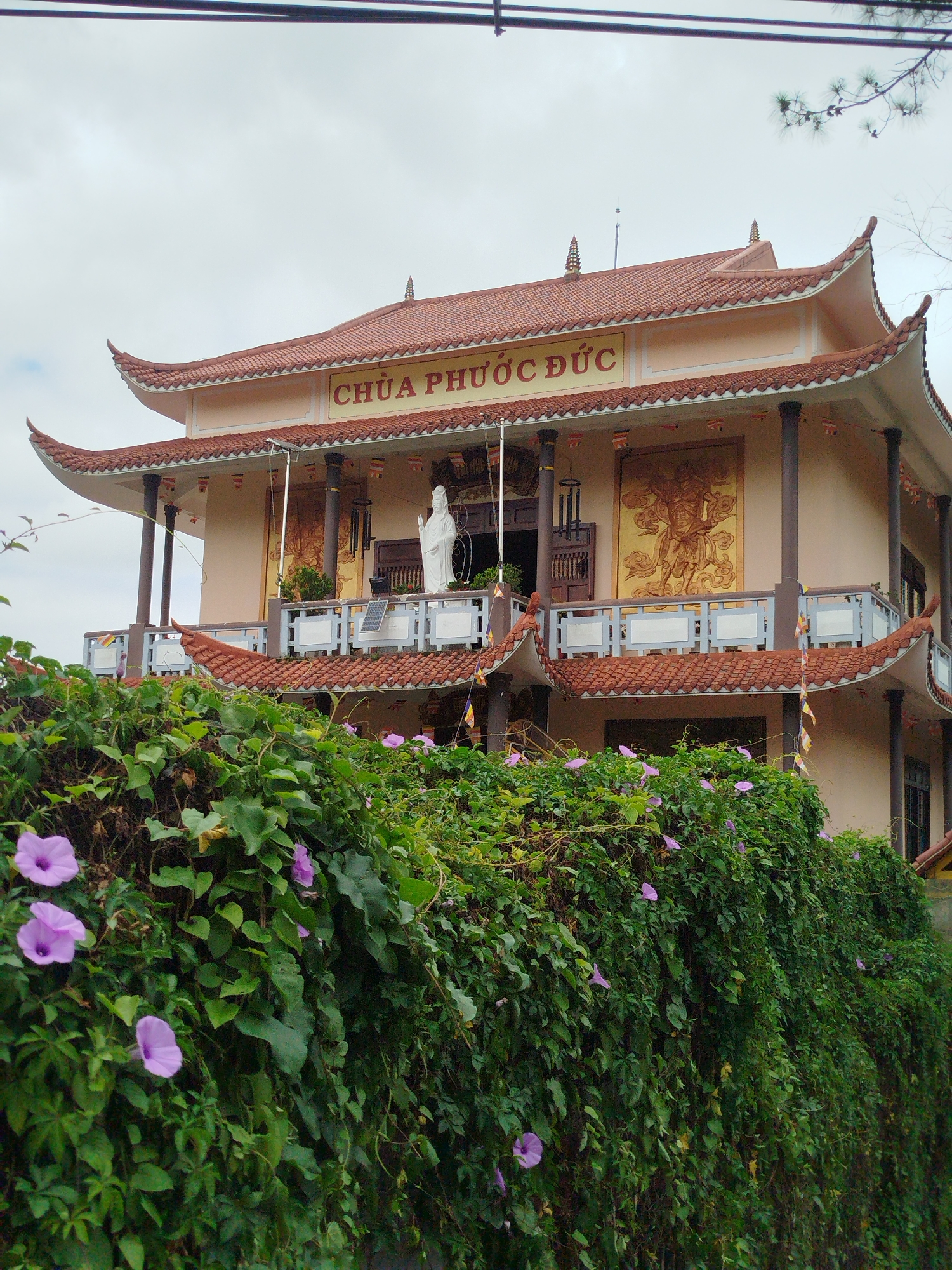 The image shows a Buddhist temple with a multi-tiered, red-tiled roof and ornate architecture, typical of Vietnamese temples. The temple is adorned with decorative elements such as golden murals and a white statue of a deity. It is partially obscured by lush green foliage and purple flowers in the foreground, suggesting a tropical or subtropical climate. The temple's name, "CHÙA PHƯỚC ĐỨC," is visible on the facade. The sky is overcast, and there are power lines visible at the top of the image. The overall impression is that of a serene religious site within a natural setting. This temple is located in the city of Da Lat, Vietnam.