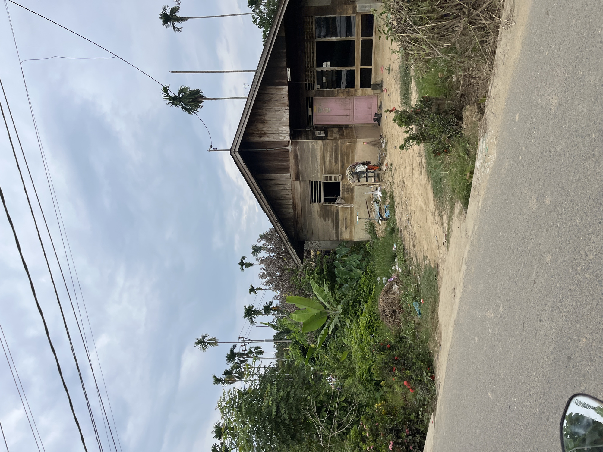 This image shows a weathered wooden house with a pink door, located in the city of Tanahterban, Indonesia. The house has a simple, rustic design, with visible wood planks and a sloping roof. In front of the house, there is a dirt yard with some scattered debris and vegetation. To the left of the house, there is a lush green area with trees, plants, and flowers, suggesting a tropical environment. In the background, tall palm trees are visible against a cloudy sky. Power lines stretch across the upper portion of the image, indicating the presence of electricity infrastructure. The overall scene depicts a rural or semi-rural setting in Indonesia, characterized by its natural surroundings and modest architecture.