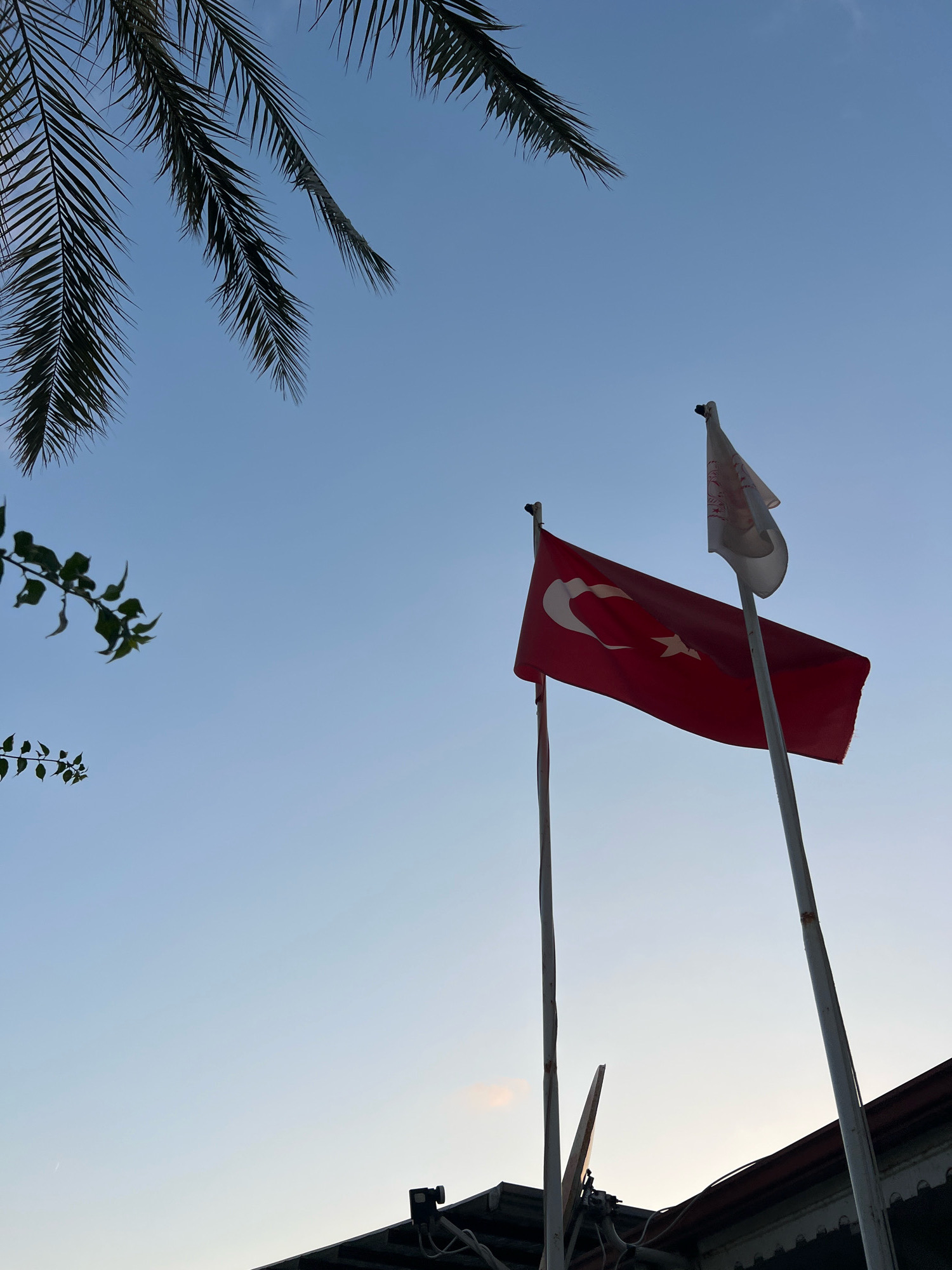 The image shows two flags against a pale blue sky, likely at dusk. The flag on the left is the flag of Turkey, a red flag with a white crescent moon and star. It is attached to a flagpole and appears to be flapping slightly in the breeze. To the right of the Turkish flag is a second flagpole with a white flag, which is partially obscured by the Turkish flag and appears to have some red markings or print on it.
Below the flags, the tops of some buildings are visible, along with some dark green foliage from a tree. The architecture suggests a building in Alanya, Turkey. The overall impression is one of a calm, possibly evening scene, with national symbols prominently displayed.