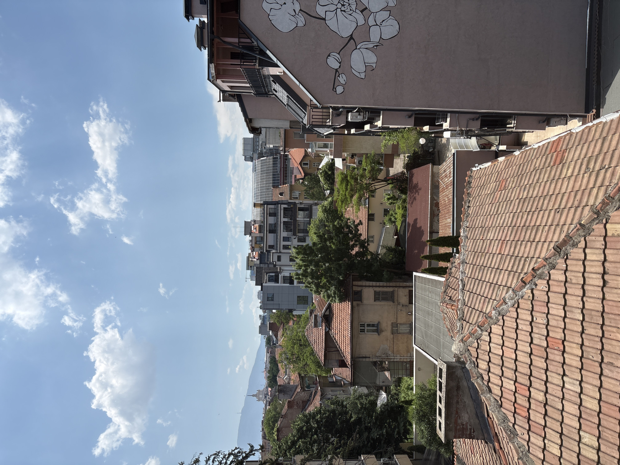 This image captures a daytime, elevated view over a dense urban landscape in Sofia, Bulgaria, looking towards the northwest.
In the immediate foreground, the weathered terracotta tiles of a sloping roof with a brick chimney are prominently visible, suggesting the vantage point is from an upper floor or rooftop.
The midground features a mixture of old and modern residential and commercial buildings. Many older structures have similar terracotta tiled roofs, interspersed with mature trees providing significant green foliage. A multi-story, light pink building on the right side of the frame stands out, featuring balconies and a large, stylized white mural depicting orchid-like flowers on its exterior wall. Other buildings include contemporary grey and beige apartment blocks with multiple windows and balconies, some topped with glass or modern roofing structures.
In the background, the cityscape extends towards a distant mountain range, which is Vitosha Mountain. A distinctive building with a prominent pointed spire, characteristic of the Largo architectural complex (likely the Council of Ministers or Presidency building), is visible among other city structures, confirming the location as Sofia.
The sky is bright blue with scattered, fluffy white cumulus clouds, indicating clear weather. No individuals or specific actions are discernible within the frame. The scene is illuminated by strong sunlight, casting visible shadows.