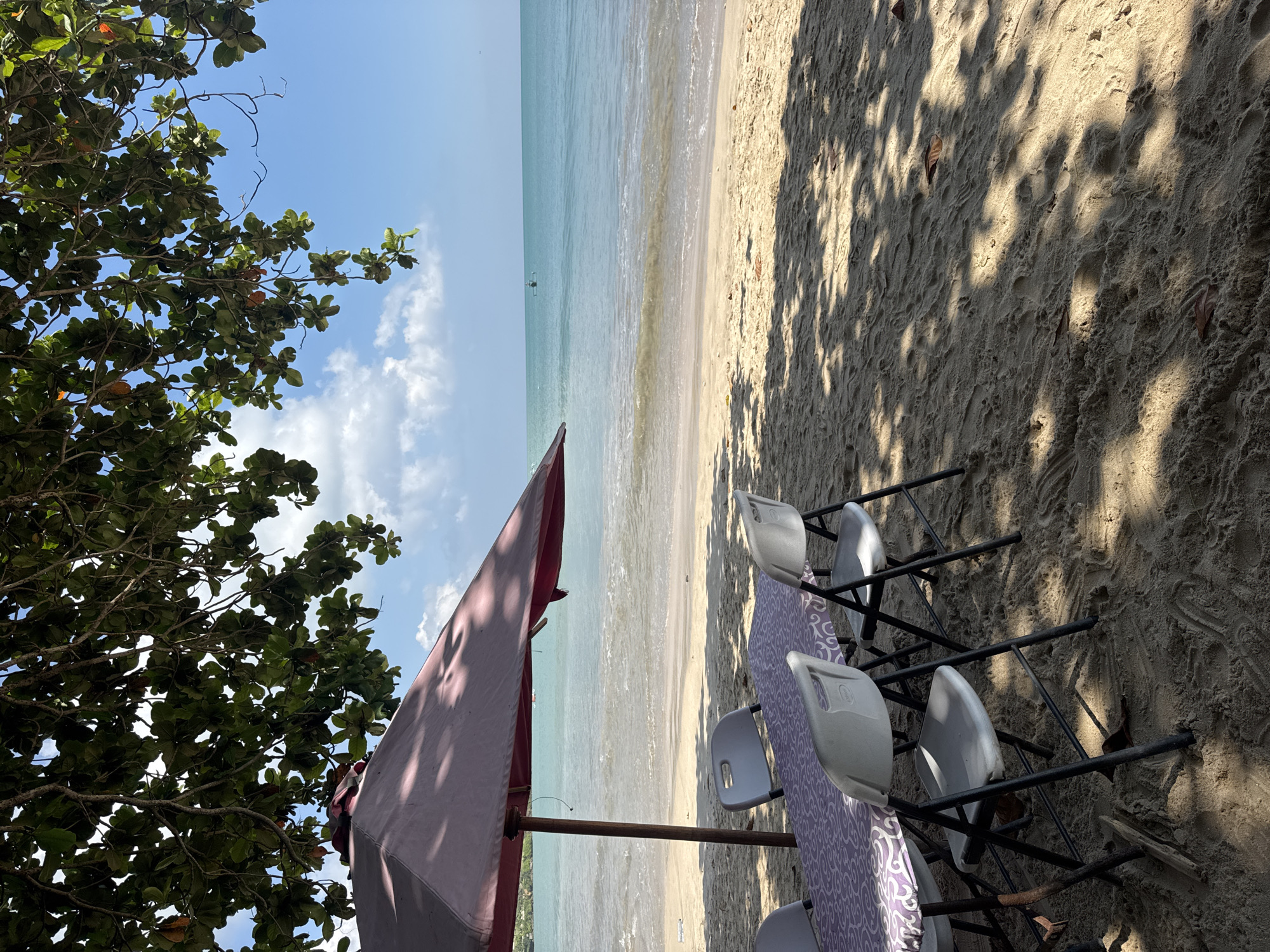 The image depicts a serene tropical beach scene, likely in Kuta Selatan, Indonesia, viewed from a perspective under a canopy of trees. The original photo appears to be rotated 90 degrees clockwise, presenting the beach as a vertical strip. Describing it as if upright, the scene features a tranquil beach setup under a clear, sunny sky with scattered white clouds.
In the foreground and to the left, dense green foliage of a tropical tree, possibly a sea almond (Terminalia catappa) given the visible reddish-brown fruits, shades a portion of the sand. Beneath this tree, a large, partially unfurled beach umbrella with red and purple fabric is planted in the sand.
Moving towards the center and right, a long table covered with a purple tablecloth adorned with white swirling patterns is set directly on the sandy beach. Several light grey plastic chairs with black metal frames are arranged around the table, suggesting a dining or relaxation area. The sand around the table and chairs shows prominent, elongated shadows cast by the overhead trees, indicating bright sunlight, likely mid-day or early afternoon. Some dry leaves are scattered on the textured sand.
Beyond the immediate setup, a wide expanse of light, tan sandy beach stretches towards the calm, turquoise-blue ocean. Gentle waves lap at the shore, and the water extends to a clear horizon line. Far in the distance, a small, indistinct dark figure, possibly a person, is visible in the water. The overall atmosphere is one of peaceful tropical leisure. There is no visible text in the image.