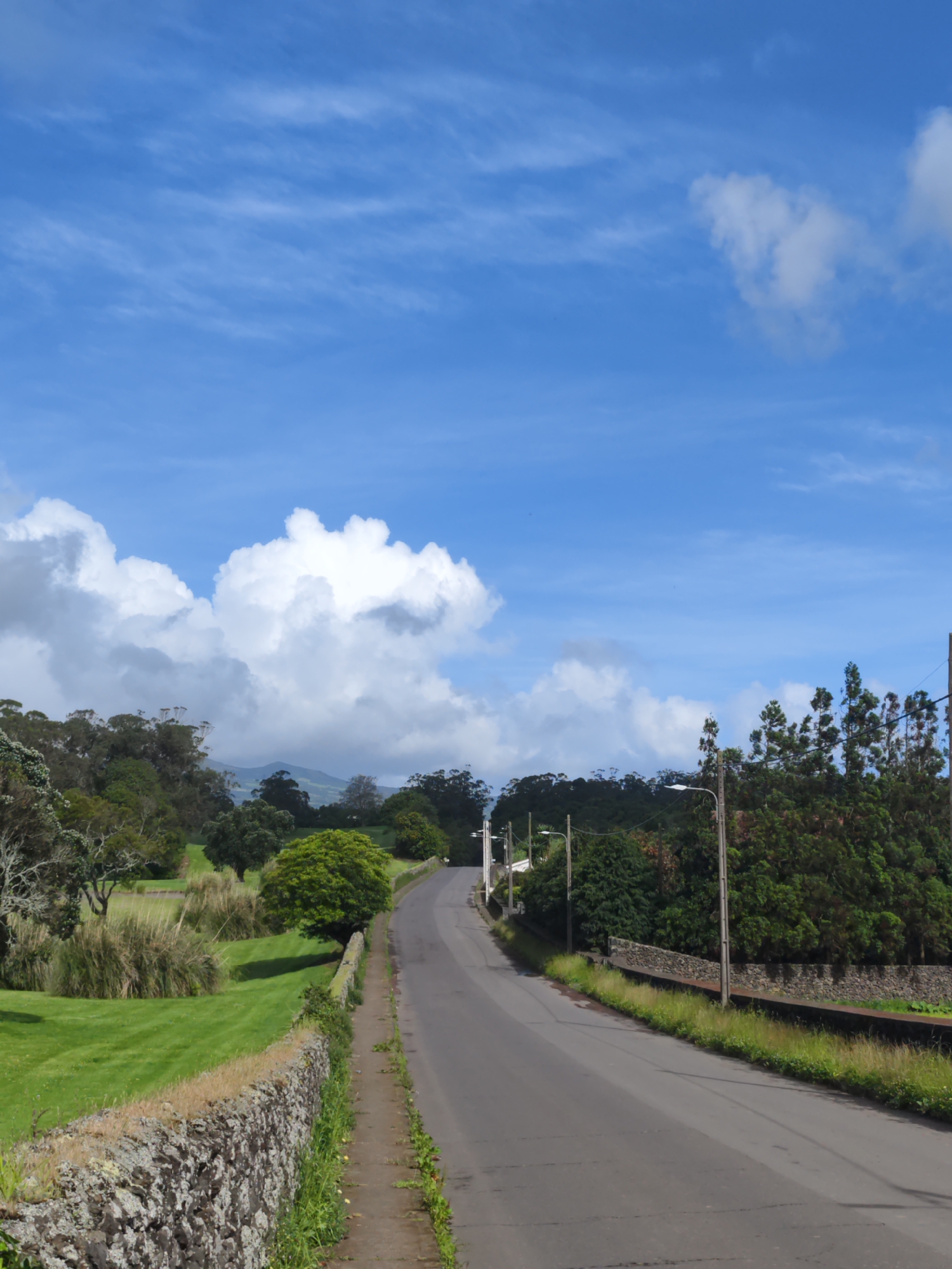 The image shows a paved road curving slightly to the left, lined on either side by stone walls. To the left of the road is a grassy field with some tall grasses and trees in the background. To the right is denser foliage. Overhead are utility poles with wires. The sky is blue with scattered white clouds. The location is in Ribeira Grande, Portugal, as implied by the information provided. No people are visible.