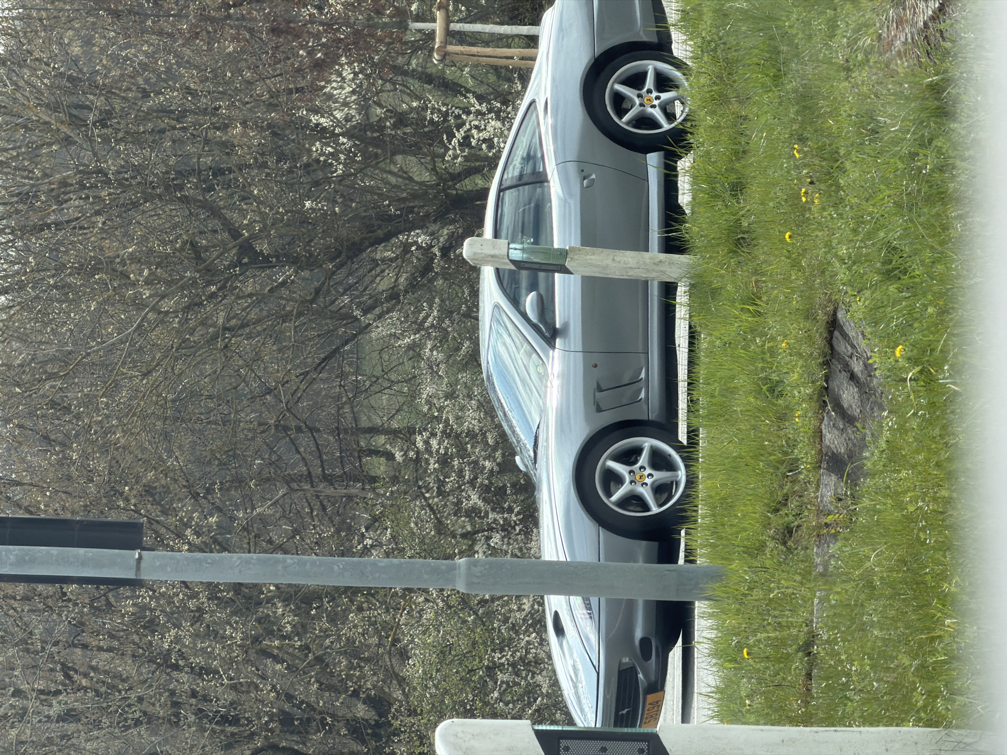 The image depicts a silver Ferrari parked beside a road with grassy verges in Luxembourg City, Luxembourg. The background includes trees in bloom and an overcast sky. A section of a metal guardrail is visible in the foreground.