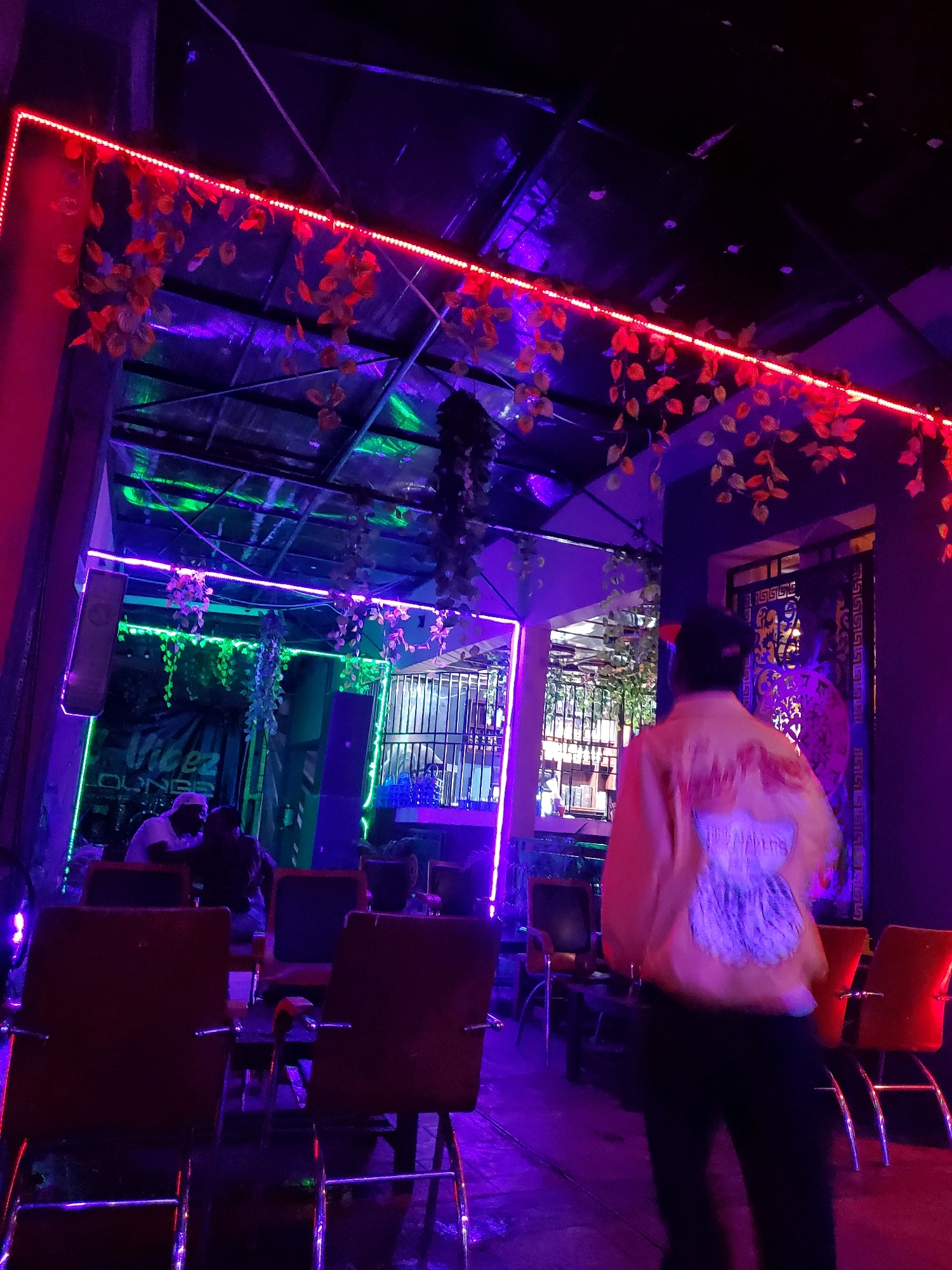 The image depicts an indoor setting, likely a lounge or club, with vibrant neon lighting in red, green, and purple dominating the scene. Artificial red leaves hang from overhead structures, adding a decorative element. In the foreground, several red chairs are arranged, some occupied by patrons, while others are empty. A person in a yellow jacket with a graphic design on the back is visible in the mid-ground, facing away from the camera. Further back, a sign that reads "Vibez Lounge" is illuminated in neon green, indicating the establishment's name. The overall atmosphere suggests a lively nighttime establishment. The specific location in Jos, Nigeria, is not ascertainable from the visual information provided in the image.