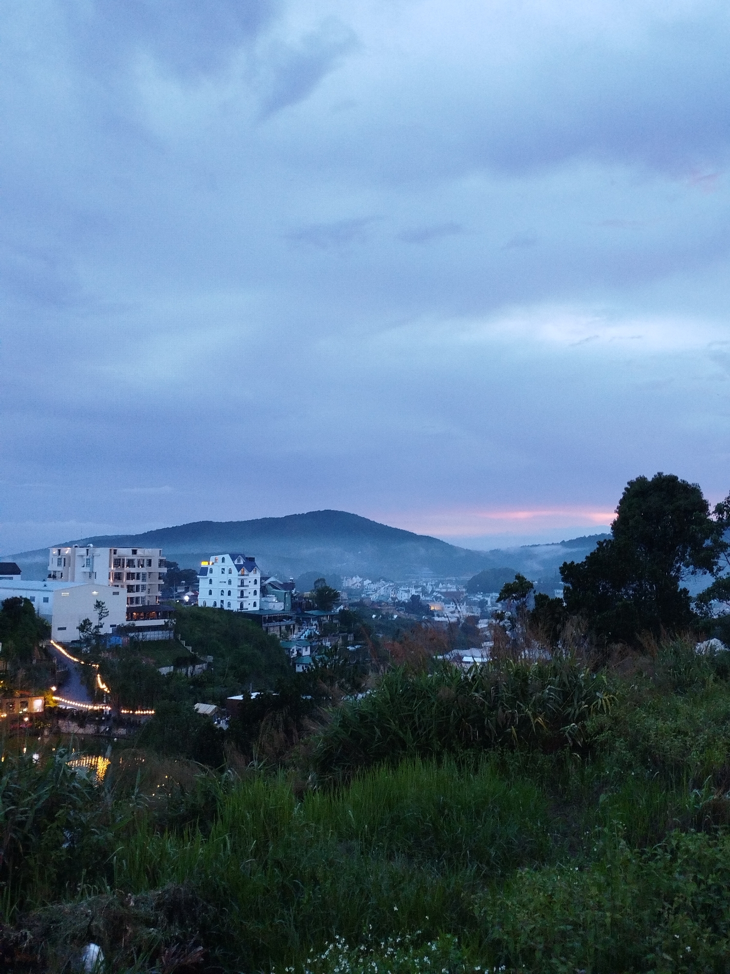 The image depicts a dusk landscape overlooking a section of Da Lat, Vietnam. In the foreground, there's dense green vegetation. Beyond the foliage, the middle ground reveals buildings, including a white hotel with a yellow sign and a building with several balconies. A lake is visible, with string lights reflecting in the water. The background is defined by a mountain shrouded in mist, with the faint light of dusk on the horizon. The sky is overcast with various shades of blue and gray.
