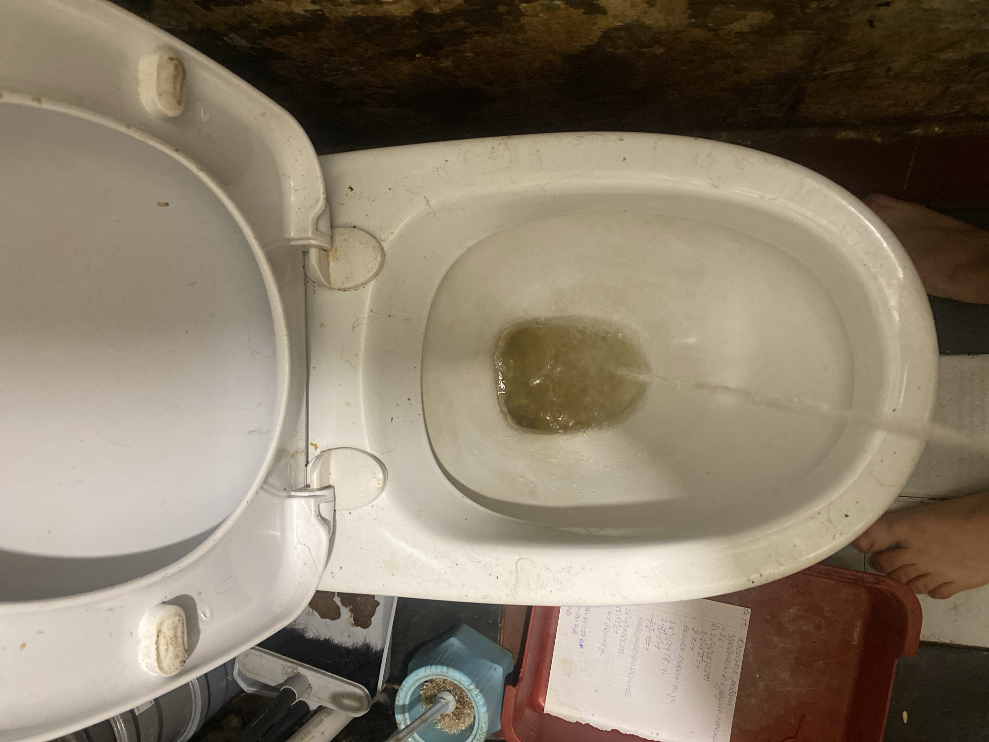 An overhead, close-up, eye-level, wide shot shows a white toilet bowl with yellow-tinted water swirling inside as it drains. The toilet lid is up, revealing the white ceramic. The toilet seat is also up, showing the inside of the bowl. The toilet is stained with some brown and grey discoloration, particularly on the rim and around the hinges. To the left of the toilet is a red plastic container with a piece of paper inside, on which some handwritten notes are visible. A blue toilet brush holder with a brush is also to the left of the toilet, near the red container. A bare foot is visible at the bottom of the frame, to the left of the toilet. The environment appears to be a bathroom, with dirty, stained walls on the right side of the frame. The floor appears to be tiled, with a black and white checkered pattern visible near the foot. The scene is dimly lit, with a flash possibly used for illumination. This scene is located in the city of Samara, Russia.