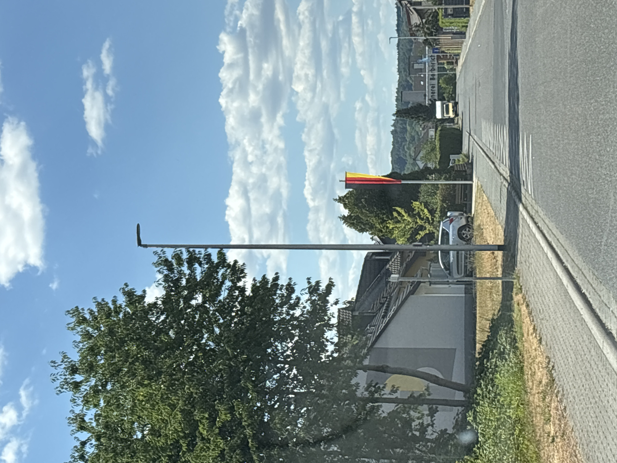 The image depicts a street scene in Wörth am Main, Germany. A German flag, with horizontal stripes of black, red, and yellow, is prominently displayed on a flagpole on the left side of the road. The street is paved, with a sidewalk running along the left side. A white car is parked on the left side of the road, partially obscured by trees. In the distance, a white camper van is visible driving down the street. Buildings line the right side of the road, including one with a sign that appears to read "Bäckerei Borchert" (Bakery Borchert). The sky is blue with scattered white clouds. The surrounding area is green and hilly.