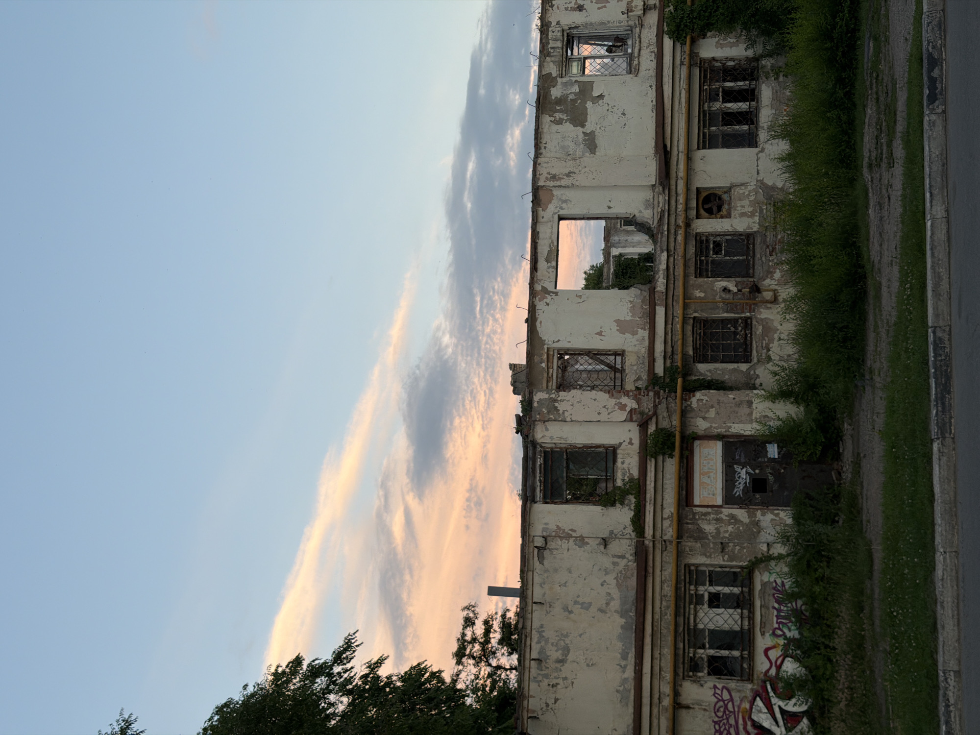 The image shows a dilapidated two-story building in Semiluki, Russia, with its roof and upper floor largely destroyed. The facade of the remaining structure is weathered and peeling, with visible signs of decay. Several windows are broken or missing, with some retaining their metal grilles. Greenery, including vines and overgrown bushes, encroaches on the building. Graffiti is present on some parts of the facade and on a closed door. The sky above is a pale blue with wispy clouds tinged with pink and orange from what appears to be a sunset. The foreground shows a patch of grass and a curb bordering a paved surface, possibly a road. The scene conveys a sense of abandonment and disrepair.