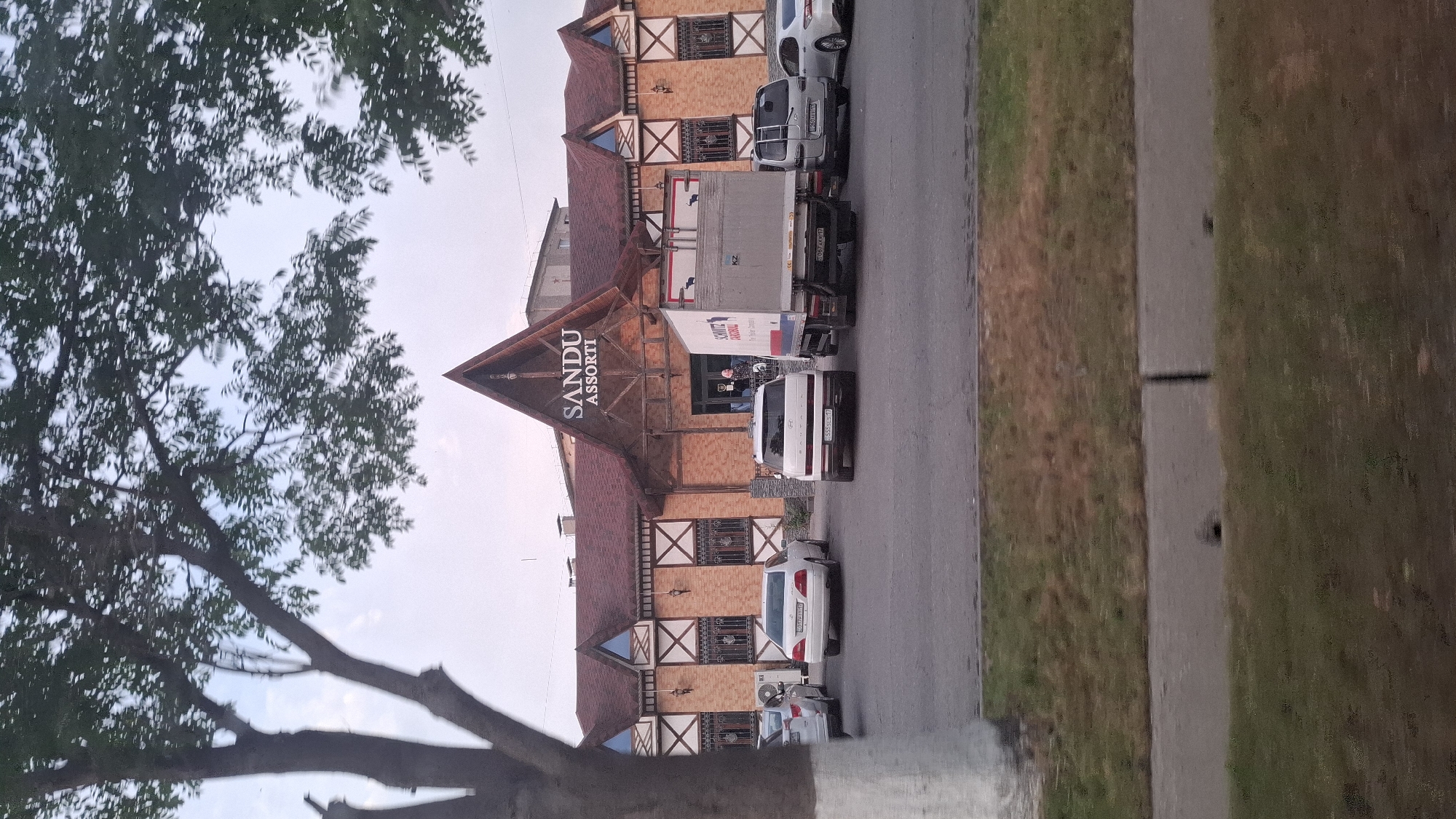 The image shows the "Sandu Assorti" establishment in Shymkent, Kazakhstan. The building features a distinctive triangular-shaped roof with decorative wooden beams on the facade, resembling Tudor architecture. The exterior is primarily brick, with multiple windows covered by decorative grilles. In front of the building, there is a parking lot with several vehicles, including a white Hyundai SUV, a white sedan, a silver minivan, and a large white truck with "Schmitz Cargobull" branding. Two individuals are visible near the entrance of the building. The sky is overcast, and a large tree with dark green foliage partially obscures the upper portion of the image. The foreground shows a grassy area and a paved surface.
