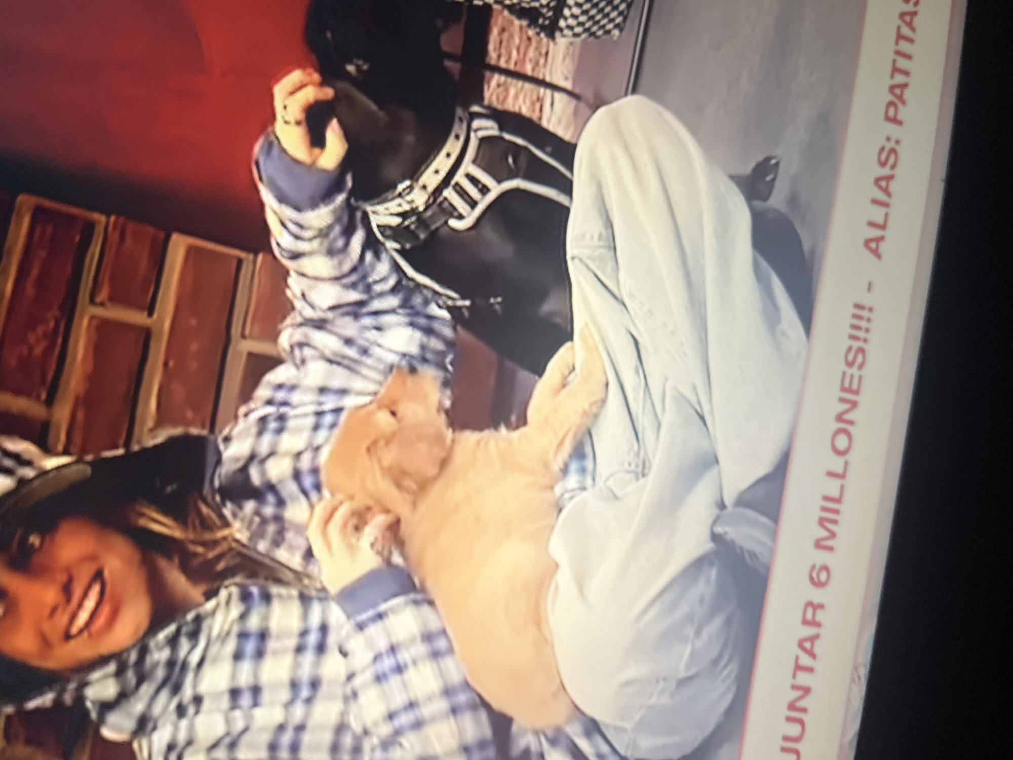In Santa Ana, Venezuela, a person wearing a blue and white plaid hooded jacket and light-colored pants sits cross-legged, holding a light brown puppy. The person is smiling and looking towards the left. Next to them, a black dog with a decorative collar is visible. The background features a brick wall and a red wall. At the bottom of the image, a pink and white banner displays text in red, with the visible portion reading "JUNTAR 6 MILLONES!!!! - ALIAS: PATITAS". The lighting appears to be indoor artificial light.