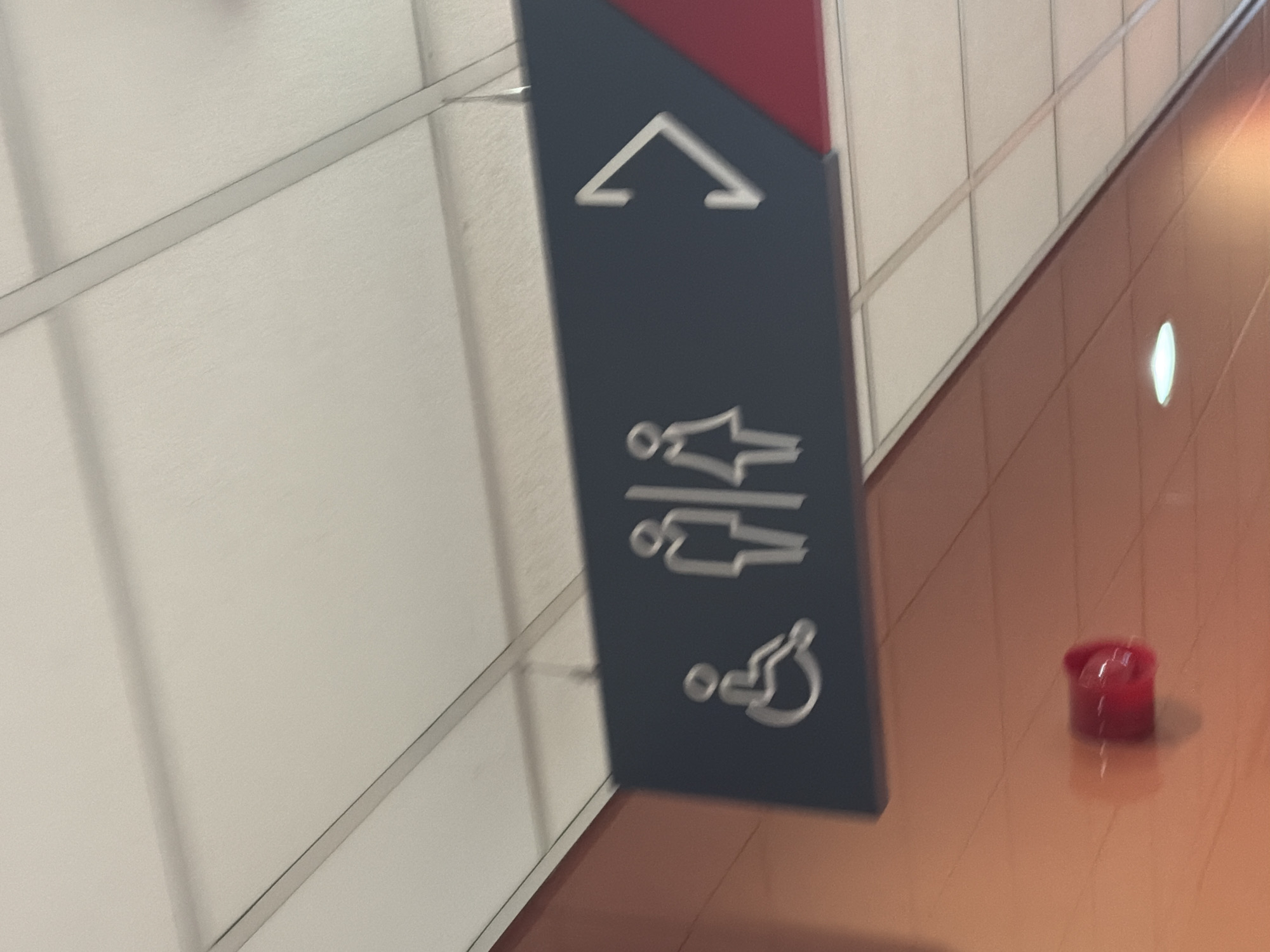 A dark blue sign hangs from the ceiling, displaying white pictograms of a person in a wheelchair, a male figure, and a female figure, indicating restrooms. To the right of the figures is a white arrow pointing to the right. The sign has a red triangular accent on its right side. The ceiling appears to be a white drop ceiling with metal grid supports. The wall below the sign is an orange-brown color, and a red object, possibly an alarm or speaker, is mounted on it. The scene is indoors, likely in a public space like an airport, train station, or shopping center, in Sofia, Bulgaria.