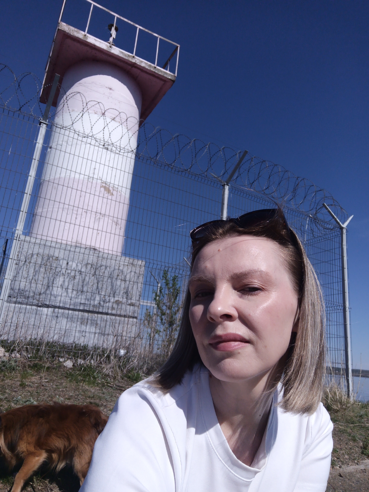 The image depicts a woman taking a selfie in front of a lighthouse within a fenced-off area, possibly in Chaikovsky, Russia. The lighthouse is painted white and pink, and it appears slightly aged. A metal fence topped with barbed wire surrounds the lighthouse, possibly indicating a restricted area. A dog is visible in the lower left corner, near the woman. The sky is clear blue, suggesting a sunny day. The woman has sunglasses perched on her head. The surrounding ground appears to be grassy.