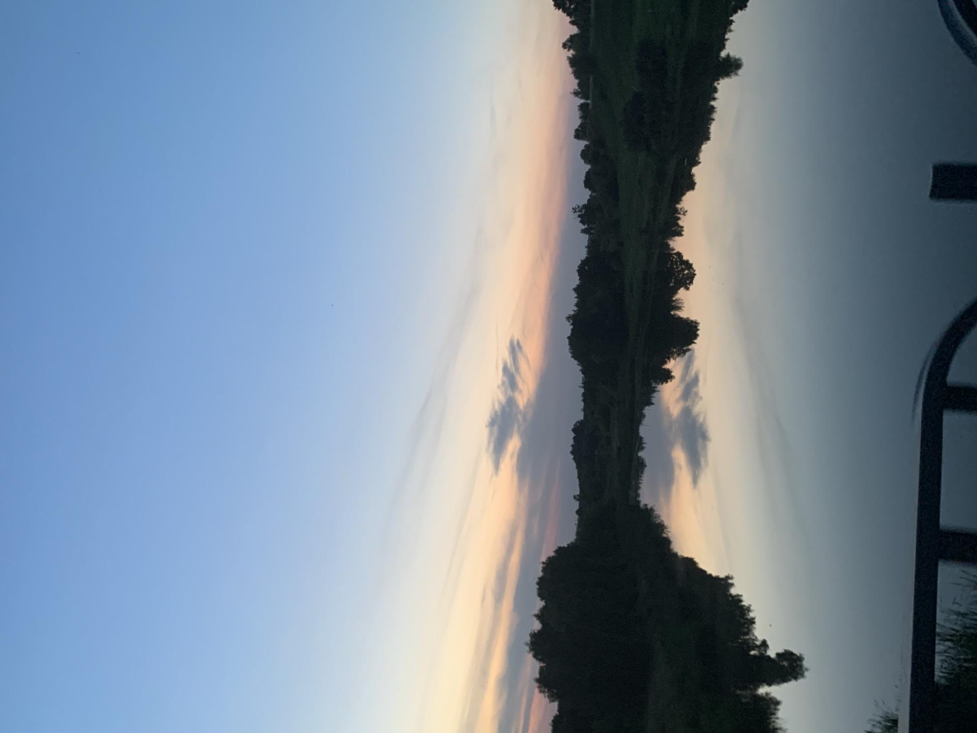 This is a vertical, eye-level, full shot of a lake at dusk in Kapyĺ, Belarus. The sky is a pale blue transitioning to a soft orange and pink near the horizon, with wispy clouds. Trees and grassy hills are visible on the opposite bank, silhouetted against the fading light and reflected in the calm water. A dark railing or barrier runs along the bottom edge of the frame, partially obscuring the foreground. No people or animals are present.