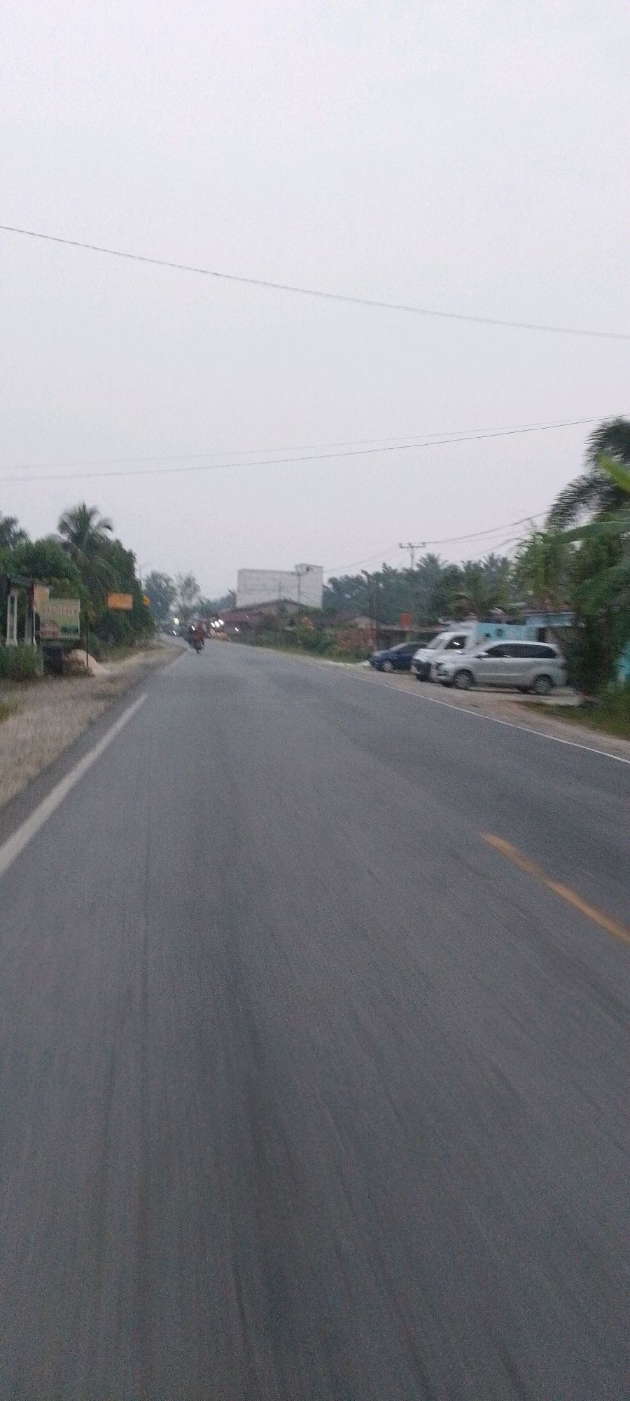 This is a forward-facing, eye-level, medium-shot, full-body photograph of a paved road. The sky is overcast and a light gray color. The road has a white line on the left edge and a faint yellow line down the center which is more visible on the right side of the frame. There are palm trees and other vegetation along the sides of the road. Several vehicles are parked on the right side of the road, including what appears to be a white minivan and a dark blue sedan. A motorcycle is visible in the distance on the road. The scene appears to be in a rural or semi-rural area, possibly a town or village in Teluk Pulau Hulu, Indonesia, given the presence of palm trees and the general architecture of the buildings visible in the background. The overall lighting suggests it is either early morning or late afternoon.