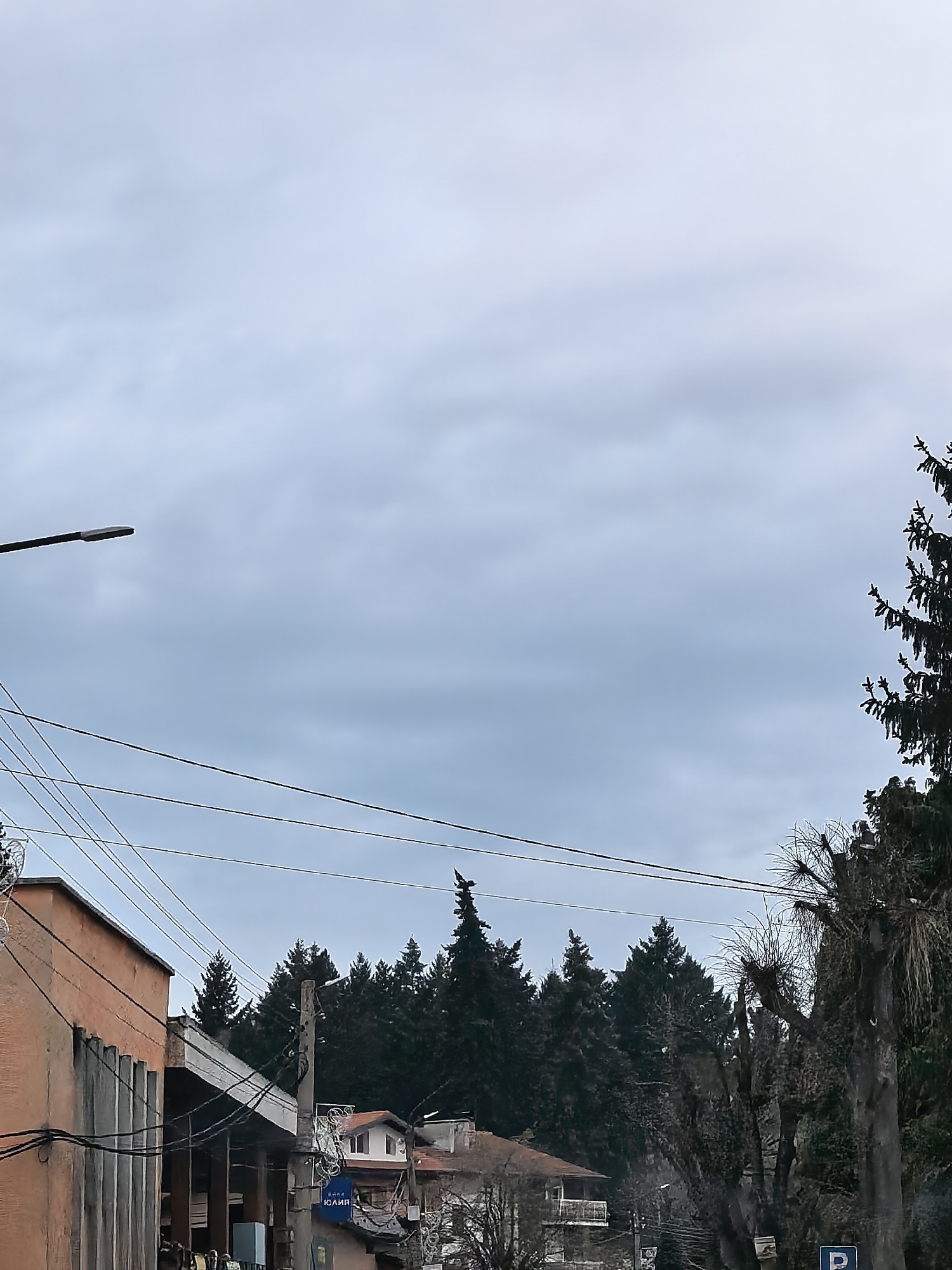 The image depicts a street scene in an urban environment, possibly a residential area. In the foreground, there is a light post on the left side, power lines running across the frame, and parts of buildings with visible architectural details, including concrete elements. Dense evergreen trees are visible in the midground, with additional residential structures interspersed among them. On the right side of the image, there are bare trees with a parking sign "P" near the bottom. The sky is overcast with layers of clouds. The overall impression is of a gray, overcast day in a city. The location is Unknown, Unknown. A street sign with "ЮЛИЯ" in Cyrillic script is attached to a utility pole. There are no people visible in the scene.